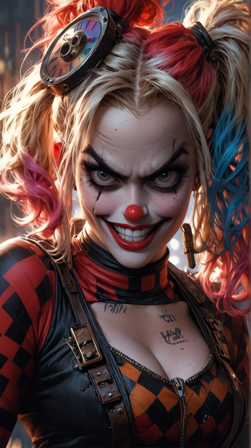 Gothic beautiful Harley Quinn, beautiful face Harley Quinn, wall paper of gothic Harley Quinn, Post PUnk, mischievous look, leather black corset, Dan Mumford and Peter Mohrbacher, portrait of a Harley Quinn, remarkable Joker makeup, scary detailed art in color, Harley Quinn hair, Peter Mohrbacher and Dan Mumford, epic digital art, beautiful digital artwork, Dan Mumford and Alex Grey style, Joker, Harley Quinn, digital illustration, (best quality, 4k, highres, masterpiece:1.2), ultra-detailed, (realistic:1.37), HDR, studio lighting, physically-based rendering, extreme detail description, professional, vivid colors, bokeh, portraits, horror, concept artists, gothic, vibrant, intense lighting, contrasting colors.