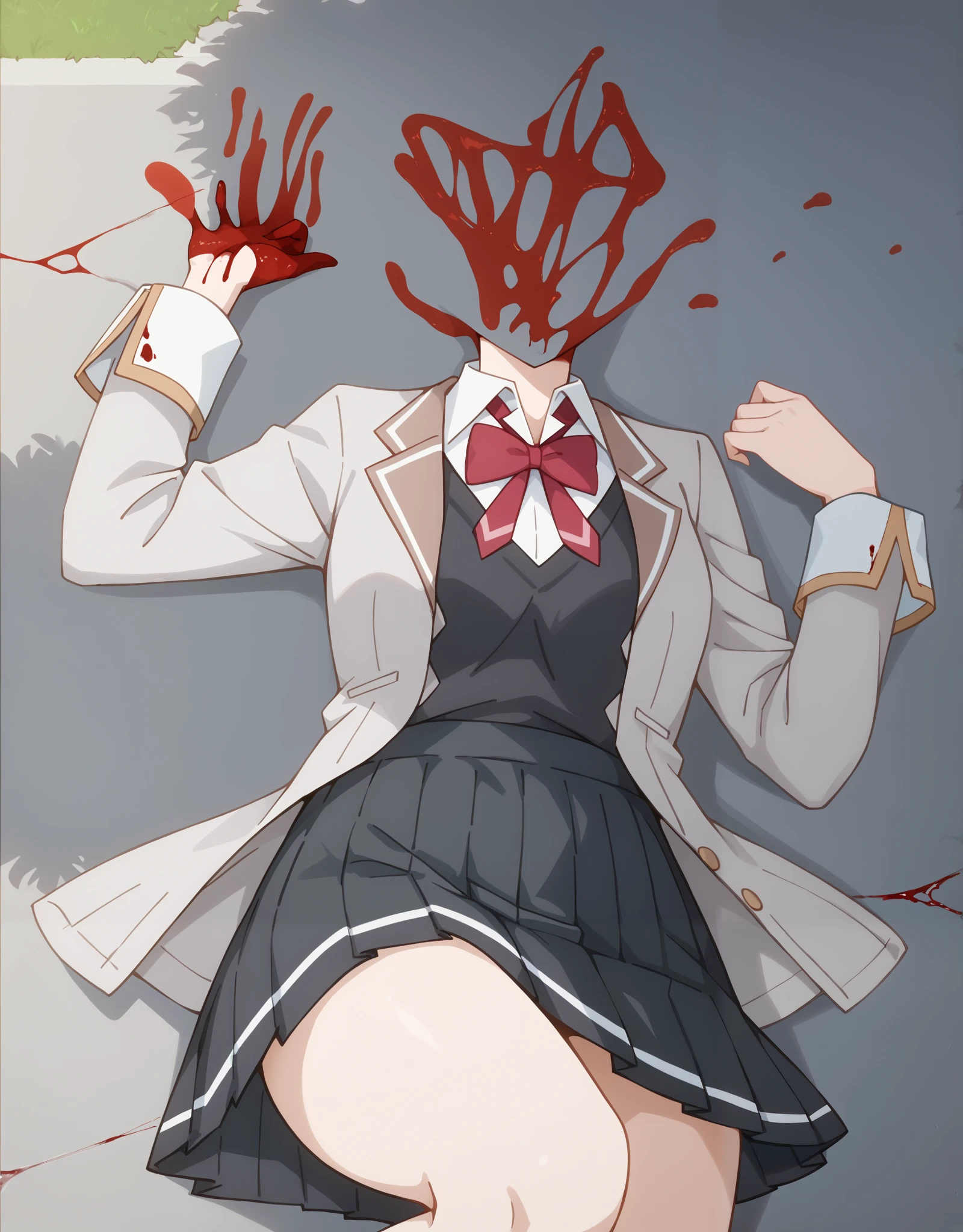 Masterpiece, hd, best quality, 1girl, gore, (gore:1.3), blood,(blood:1.2), a much of bloods, missing heads, expoode heads, broken heads, (missing heads:1.2), Yuki suou, school uniform, grey jacket, long sleeves, open jacket, buttons, white shirt, collared shirt, red bowtie, black sweater vest, black skirt, outdoor, smile, lying, lying on ground, broken anatomy, missing hands, broken hands