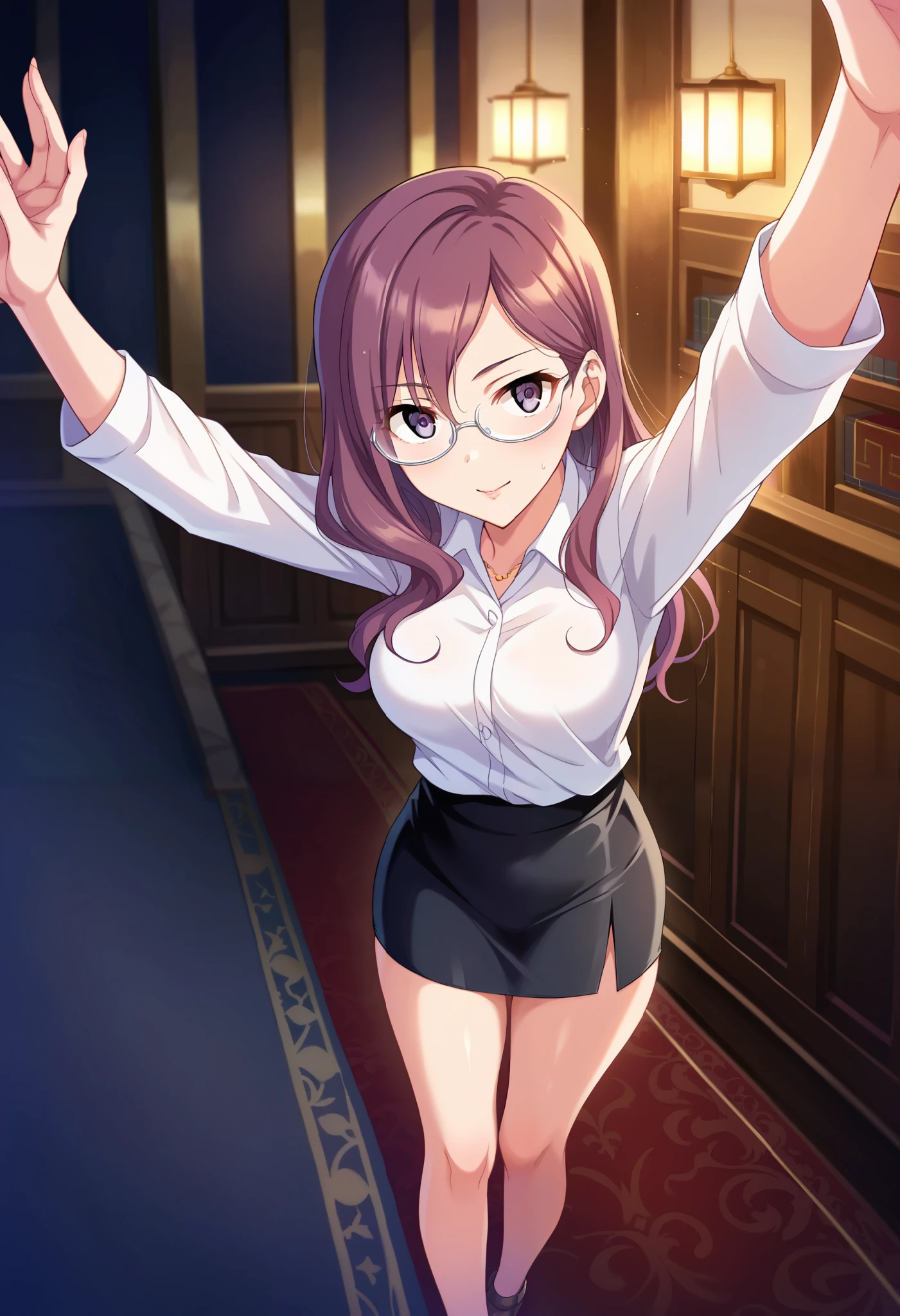 (((Yagami Makino)))、((( Black Tight Skirt)))、(( white shirt))、(((( angle from above)))、((( cleavage in years)))、(A little long hair)、( indoor)、( thighs)、Purple Hair、Glasses、 Ulchan-6500-v1.1, ( RAW photos :1.2),  beautiful detailed,  very detailed on trendsな目 美しい目, beautiful eyes、  Large File Size,  high resolution,  very detailed on trends,  best quality , [masterpiece:1.6], Awareness-raising,  very detailed on trends, CG, finely,  best quality , 8K wallpaper,  Completate、 excitement 、 very detailed on trends、blush