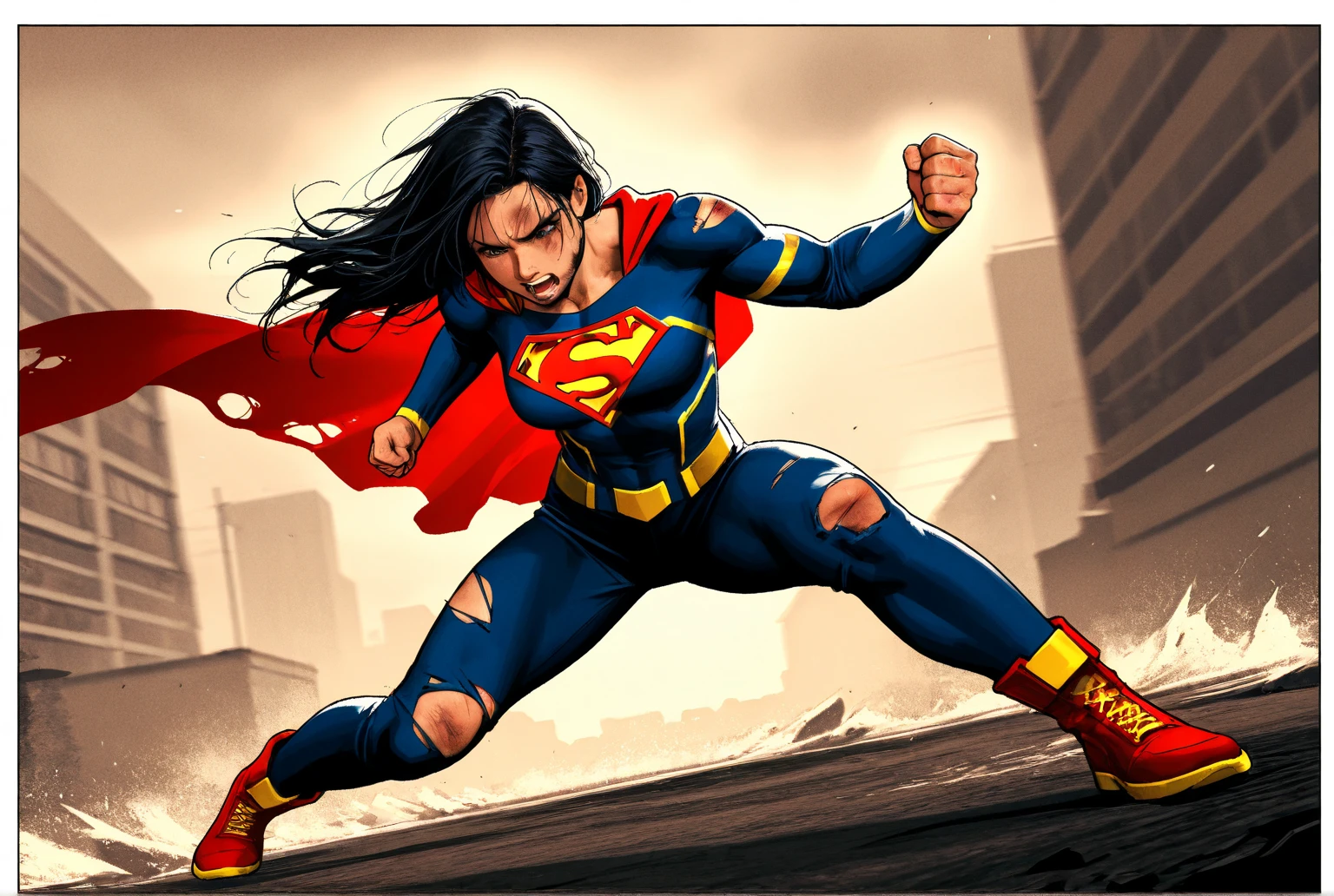 jim lee, 1boy, superman abs, bara, long black hair, blue bodysuit, blue eyes, bodysuit, cape, open mouth, one large pectoral, the other swelling into a huge breast, male to female focus, muscles shrinking, red cape, lonfg hair, simple background, solo, superhero, upper body,flat style , ((masterpiece)) gender transformation
mtf, sequence, full body, transforming into woman, breast expansion, huge breasts, stretched, torn, ripped, bodysuit, ass expansion, hip expansion, look of shock, pov of camera, cupping breasts, beautiful face