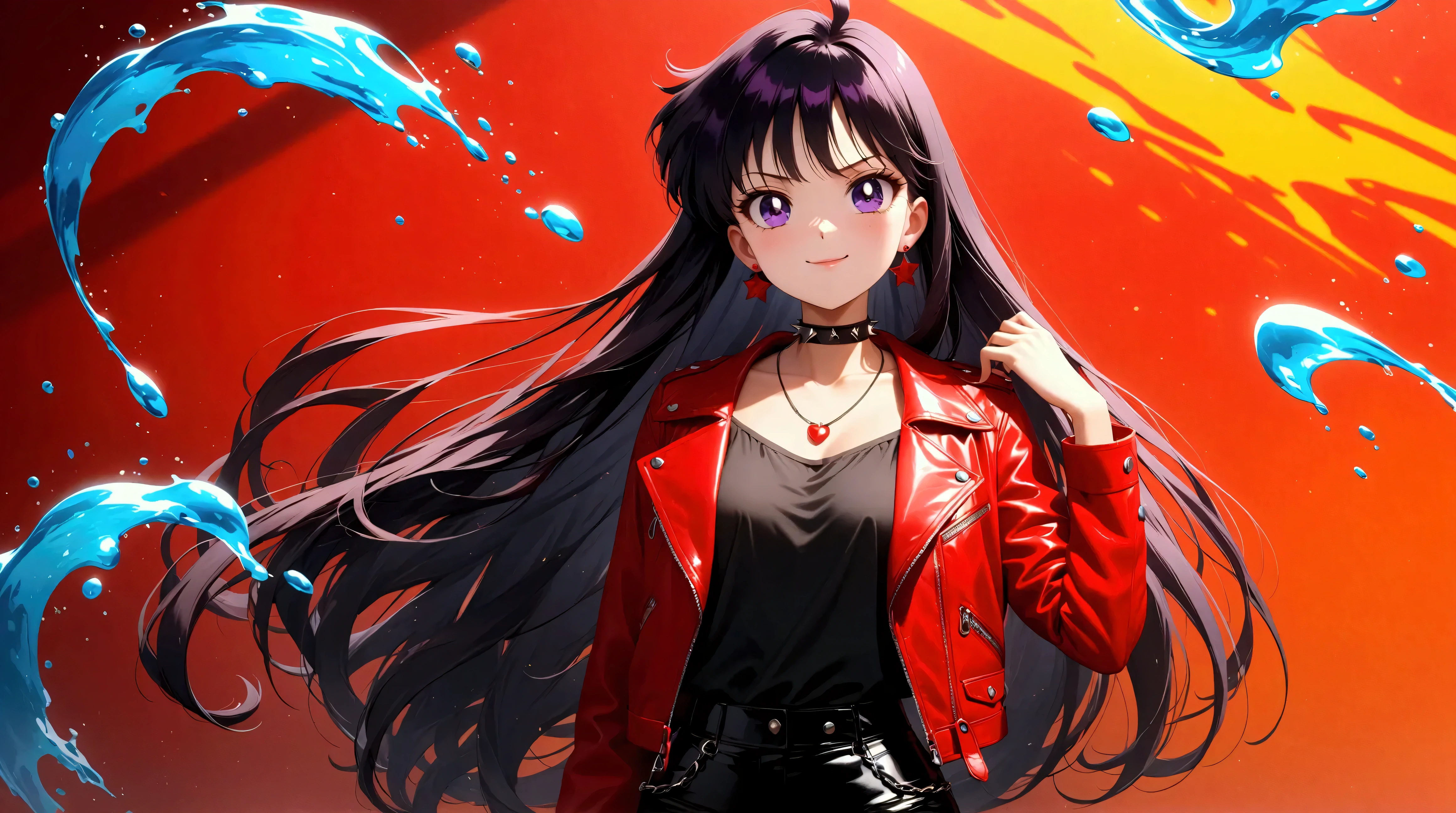 (masterpiece, best quality, very aesthetic, ultra detailed), intriguing details , 4K, aamars, long hair, black hair, smug, cowboy shot, small breasts, (((dramatic)), ((intense))) photo featuring a age girl with ahoge and as the central character. She stands confidently in the center of the poster, wearing a red leather jacket with a black shirt underneath, black pants, a spiked choker, a necklace with three roses and gothic accessories, with a happy expression on her face. The background is dark and gritty, with a sense of danger and intensity. The color palette is mainly dark with splashes of vibrant colors, giving the poster a dynamic and visually striking appearance, tachi-e, (cover-style:1.3), fashionable, woman, vibrant, outfit, posing, front, colorful, dynamic, background, elements, confident, expression, (aesthetic body), anime, (ultra sharp, textured skin, beautiful detailed face, dynamic lighting, dynamic shadow, Super Detailed)