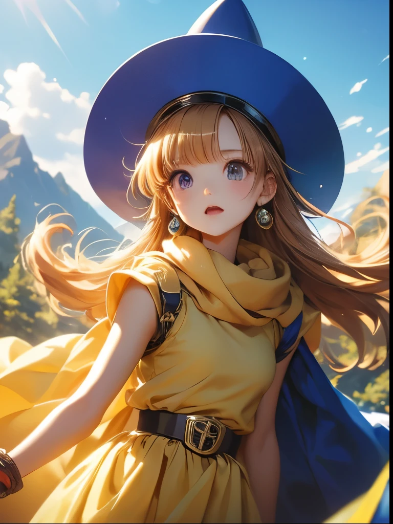 （（（ＳＦＷ、Accuracy、Highest quality、 A first-class masterpiece 、 Normal body 、8k、   detailed color 、 super precision 、   Normal Hands 、５See also、Highest）））、" Dragon Quest IV"、 Arena、arena、 Blonde、 STRAIGHT LONG HAIR、  short、 slender、yellow dress 、  yellow mini skirt、blue cloak 、blue pointy hat、 black belt 、Fighting Girl、pinch、Anxious face、cornered、I was pushed down on my back、Leg spread、 popular howing off、white sexy panties、Rocky Mountain
