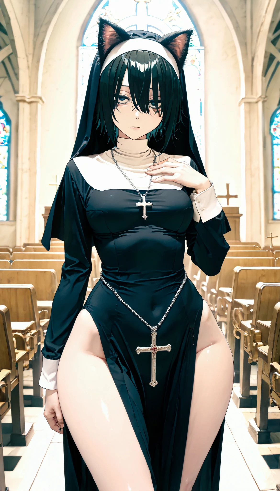 envelopes, masterpiece, High definition, High resolution, 1 girl, one-piece nun dress , ( wide hips :1.2), (cat ears:1.2), cat eyes, simple church background , cara detallada, (delicate woman:0.8), Cross, godo, emo, Death_Use, score_9, score_8_above, score_8,minami_kotobuki