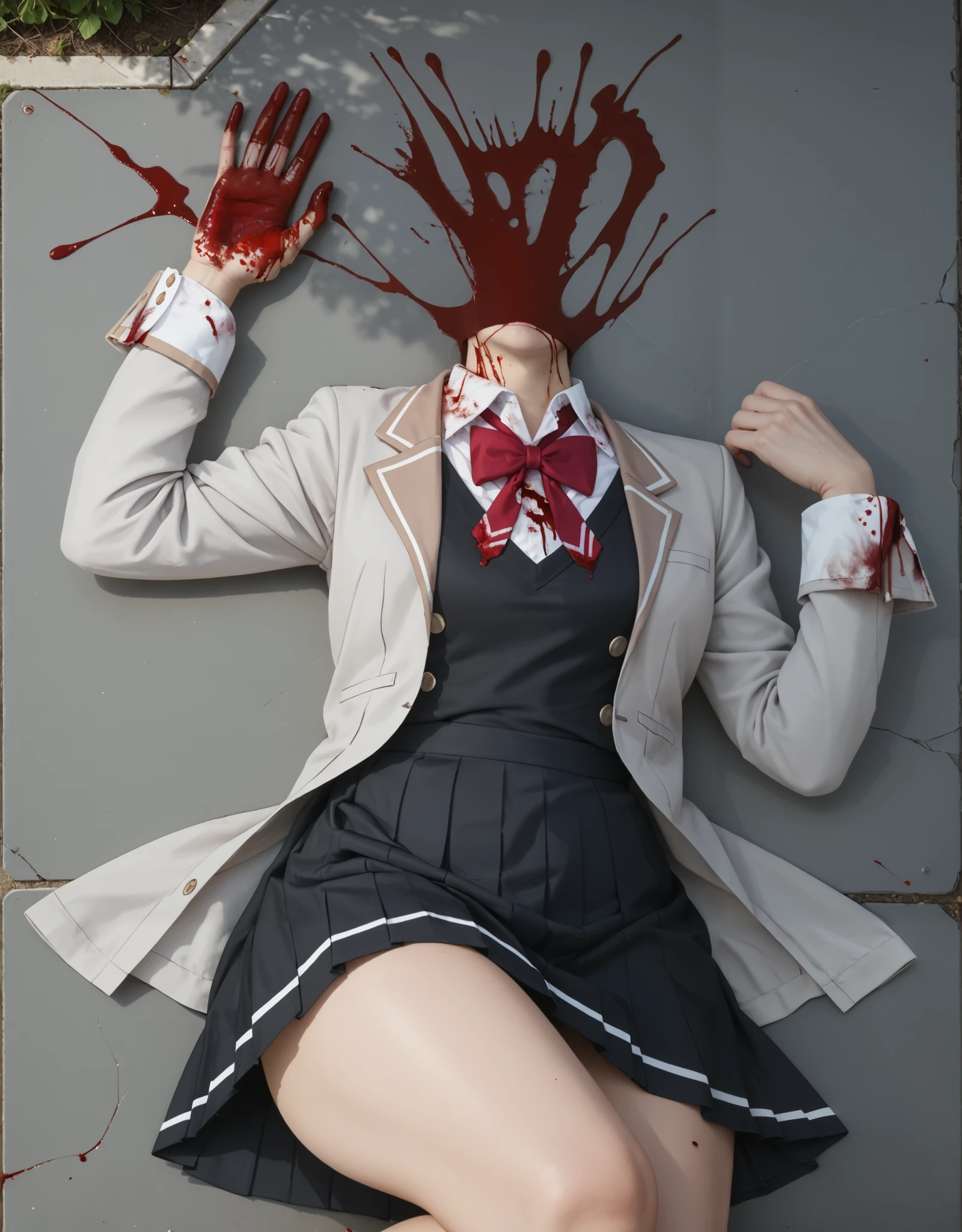 Masterpiece, hd, realistic, best quality, 1girl, gore, (gore:1.3), blood,(blood:1.2), a much of bloods, missing heads, expoode heads, broken heads, (missing heads:1.2), Yuki suou, school uniform, grey jacket, long sleeves, open jacket, buttons, white shirt, collared shirt, red bowtie, black sweater vest, black skirt, outdoor, smile, lying, lying on ground, broken anatomy, missing hands, broken hands