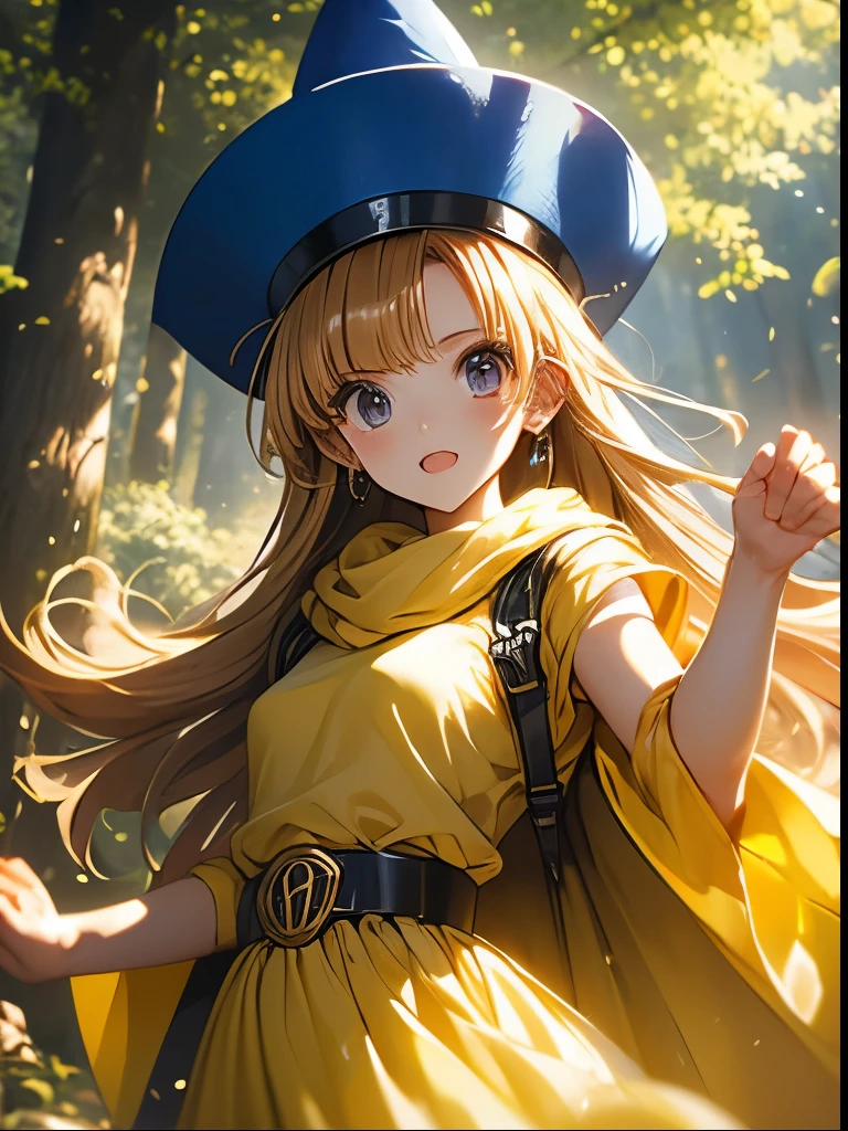(((SFW、Accuracy、Highest quality、 A first-class masterpiece 、 Normal body 、8k、 detailed color 、 super precision 、 Normal Hands 、5See also、Highest)))、" Dragon Quest IV"、 Arena、arena、 Blonde、 STRAIGHT LONG HAIR、 short、 slender、yellow dress 、 yellow mini skirt、blue cloak 、blue pointy hat、 black belt 、Fighting Girl、pinch、Anxious face、cornered、I was pushed down on my back、Popular 、Showing off、 white sexy panties、forest
