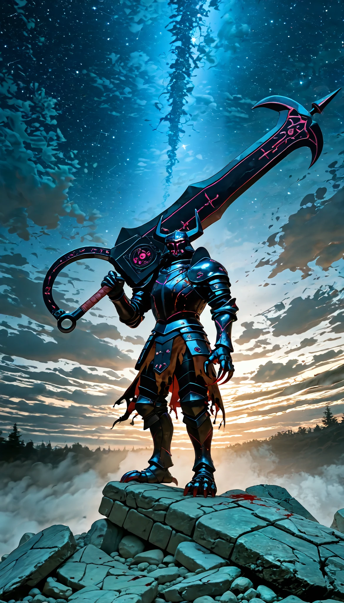 1 , viscera_Berserker, hull, Ojos rojos, round, black armor, guanteletes con claws, claws, torn cover, Blood on clothes , cinematic angle , medieval , Evening, moonlight, choline , stones, starry sky , masterpiece, envelopes, huge weapon, weapon over shoulder,cloudy, darkness, contrast, Concept art installation , ultra Detailed , absolutely resolution , envelopes, 2.5D, Delicate and dynamic effects , fog filter effects , Artistic, hyper, digital graphic art CG
