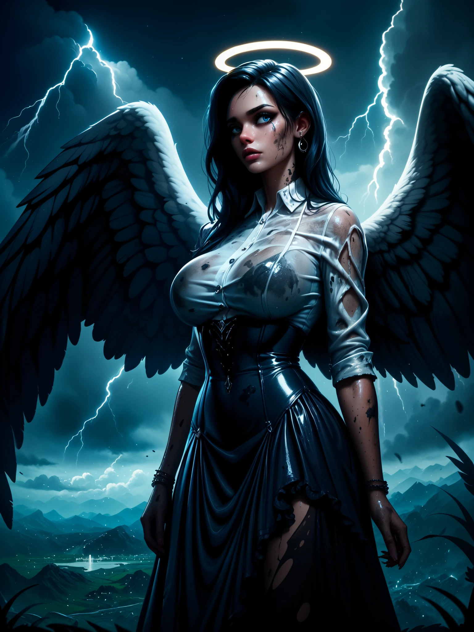  best quality, extreme Detail,  female angel falls from heaven to earth ,  female angel has black wings ,  female angel loses black feathers ,  sky is dark, Black clouds , Thunderstorm, City,  dirty , muddy,  female angel wears thin white silk shirt, Female angel cries ,  female angel looks bad , Female angel is desperate ,  Female angel has no halo,  female angel has big breasts ,  dress is dirty and dirty ,