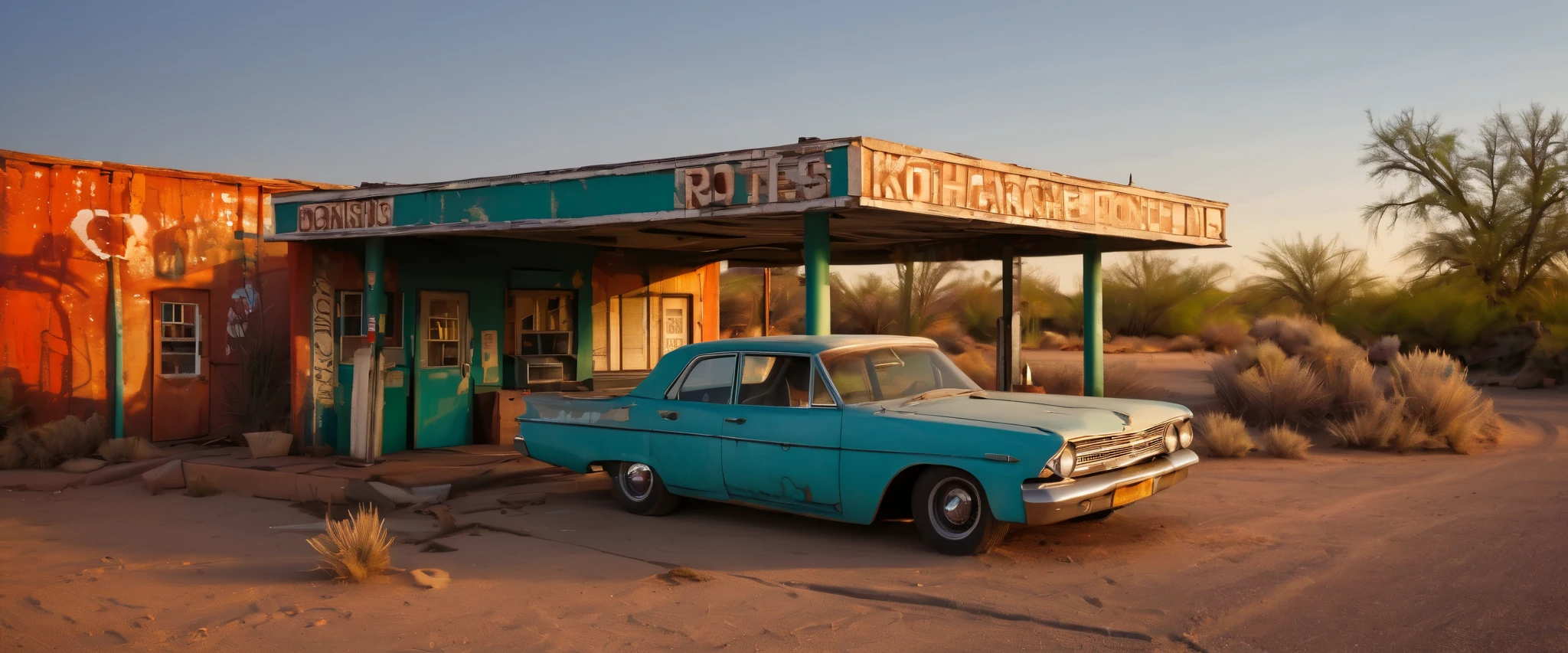 photorealistic, photo-realistic, realistic, masterpiece, old abandoned gas station, route 66, old broken cars, sunset, bloom, kodachrome colors, sharp focus,