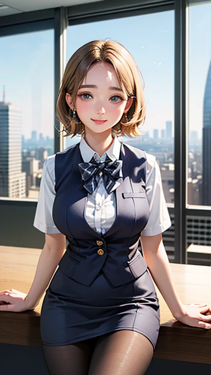 1 Woman Standing, office worker, reception, (White and grey checked vest:1.2) (Navy pencil skirt) bow tie, Mature Woman, /(Mid-length hair、Light brown hair、Blonde hair/) Beautiful forehead, A gentle blushing smile, (Masterpiece of the highest quality:1.2) Delicate illustrations, super detailed, Big Break (Modern office indoors), Cityscape of windows, Detailed Background