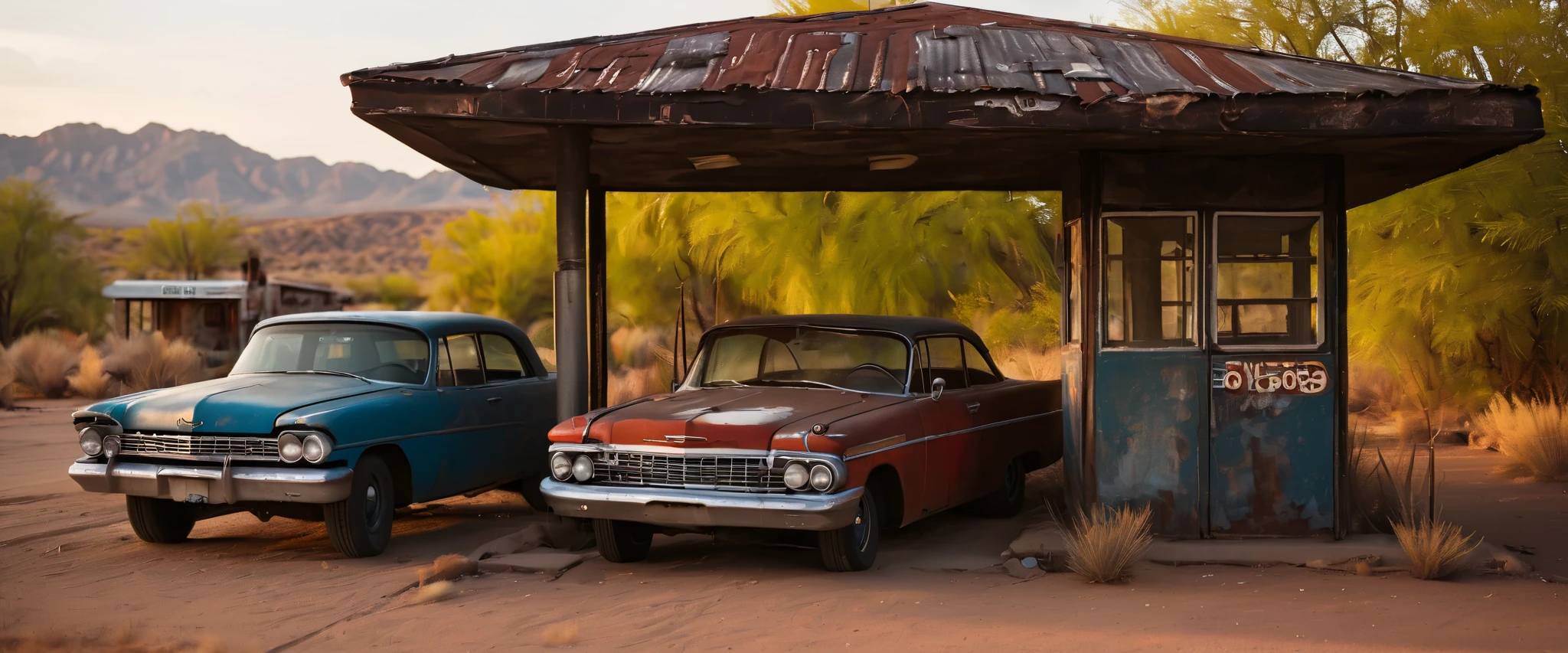 photorealistic, photo-realistic, realistic, masterpiece, old abandoned gas station, route 66, old broken cars, sunset, bloom, kodachrome colors, sharp focus,