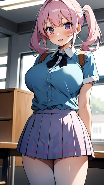 masterpiece, best quality, finely detailed, 1girl, pink_rose hair, pleated skirt, (school uniform), huge breasts, cleavage, classroom,