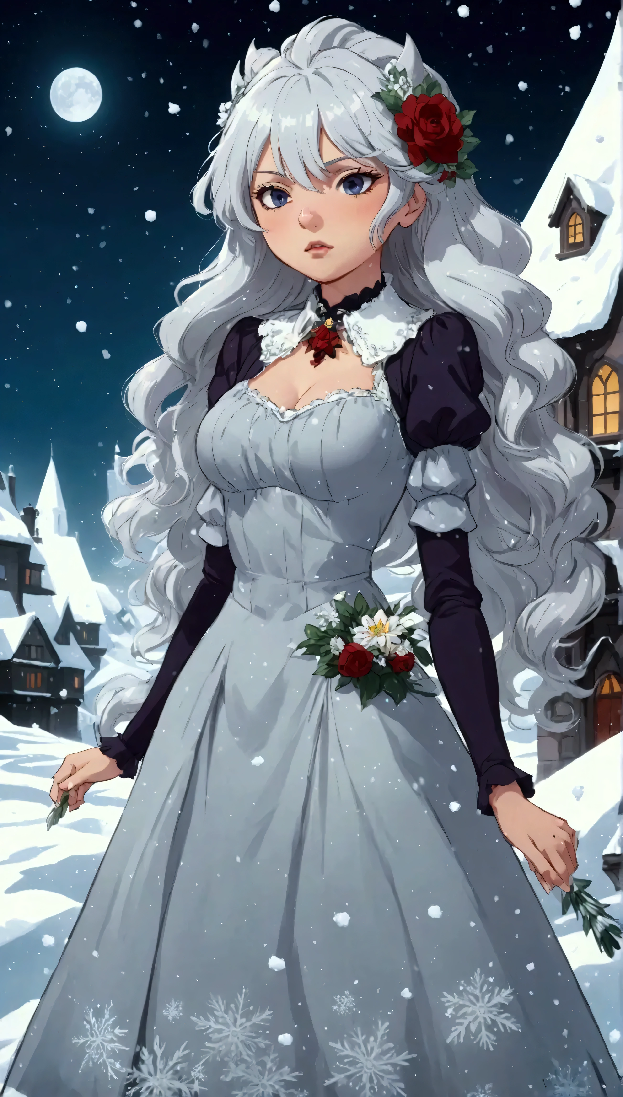 {{ masterpiece}}, envelopes, , Extremely detailed wallpaper CG unity 8k, illustration , 1 girl, Ojos rojos, wavy silver hair,  pointy ears, vampire, dress, collar,  hair flower, snow, ice,  full body, shot, tall close up ,  ,Central Marco, sharp focus ,  looking at the spectator,  floating hair,