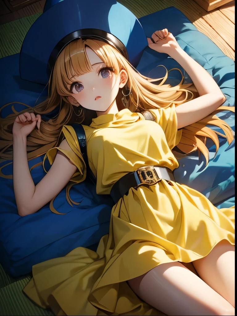 （（（ＳＦＷ、Accuracy、Highest quality、 A first-class masterpiece 、 Normal body 、8k、   detailed color 、 super precision 、   Normal Hands 、５See also、Highest）））、" Dragon Quest IV"、 Arena、arena、 Blonde、 STRAIGHT LONG HAIR、  short、 slender、yellow dress 、  yellow mini skirt、blue cloak 、blue pointy hat、 black belt 、Fighting Girl、pinch、Anxious face、cornered、 pushed down on her back 、Lying down、 raised her hands and held them down、Disheveled miniskirt 、Showing off、 White Sexy Panties、forest