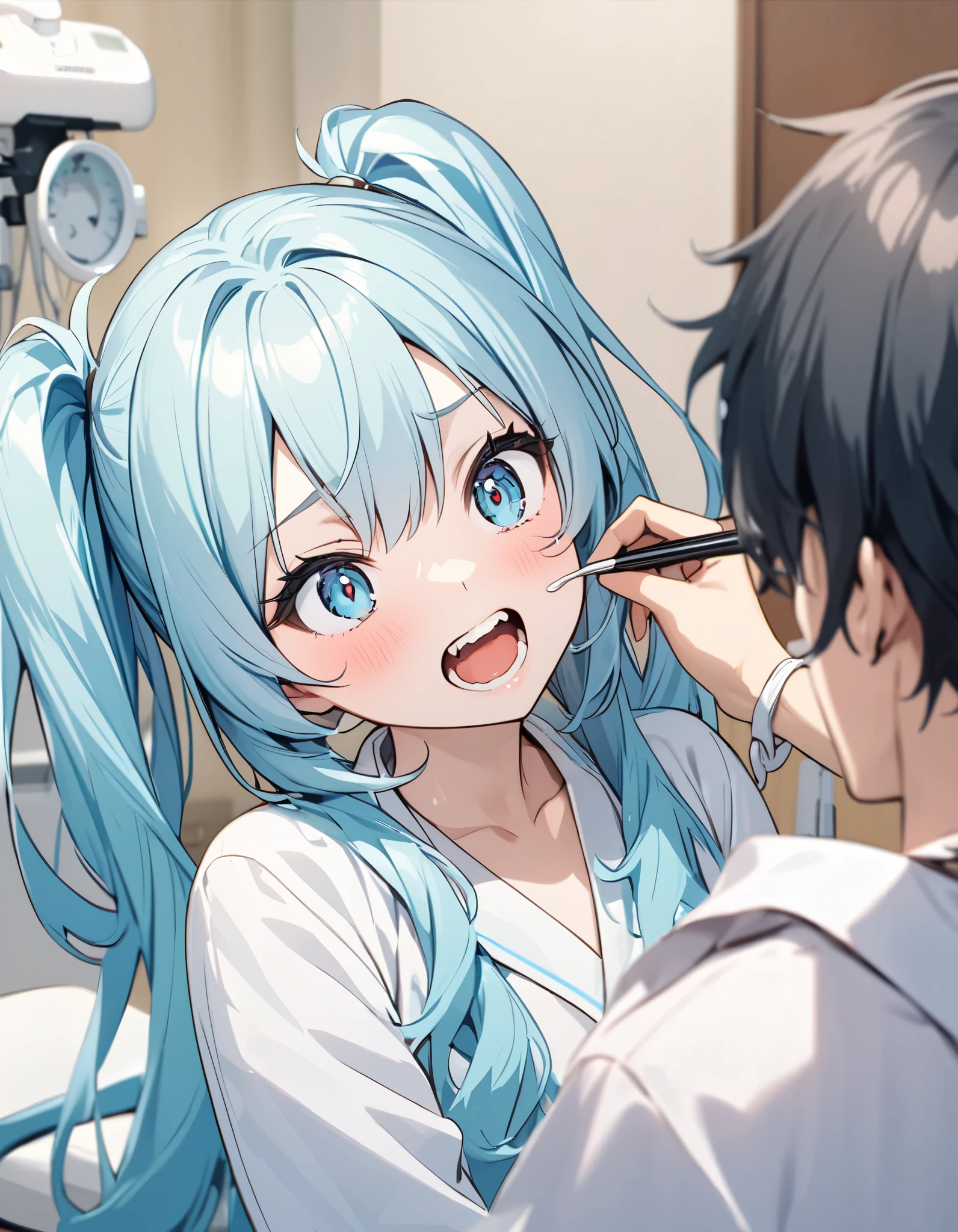 light blue long hair 、 beautiful twin-tail girl、Dentists who treat lens teeth 、Dental clinic background