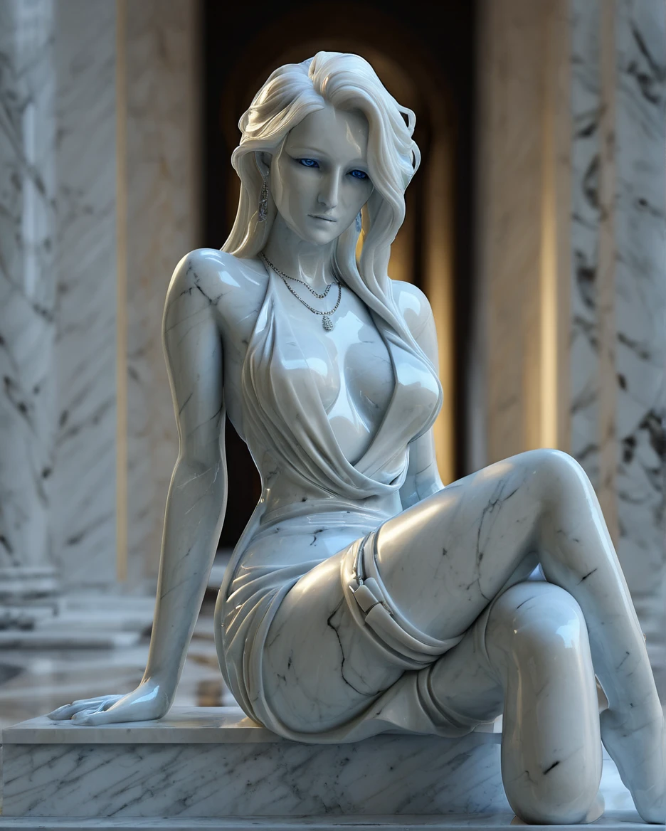 white marble sculpture of a nude woman with her legs open, nothing explicit can be seen.