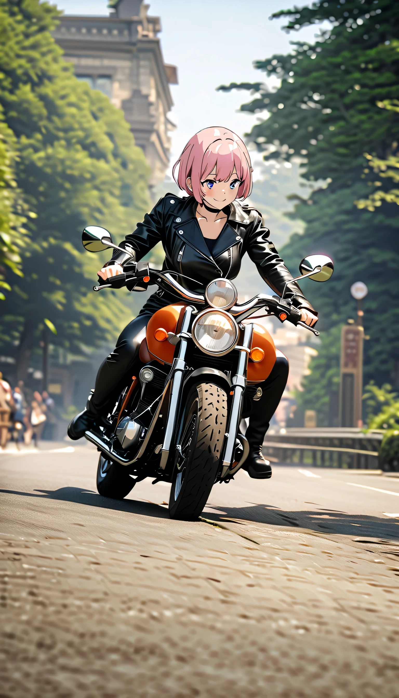 (Highest quality, 4K, 8k, High resolution, masterpiece:1.2), Very detailed, Picturesque, Anime-style photos, Photo animation:1.37)、Japanese、(Pink Hair)、(Pixie Cut)、smile、Black choker、leather jacket、Leather pants、Riding a vintage motorcycle、whole body、Nakano Ichika
