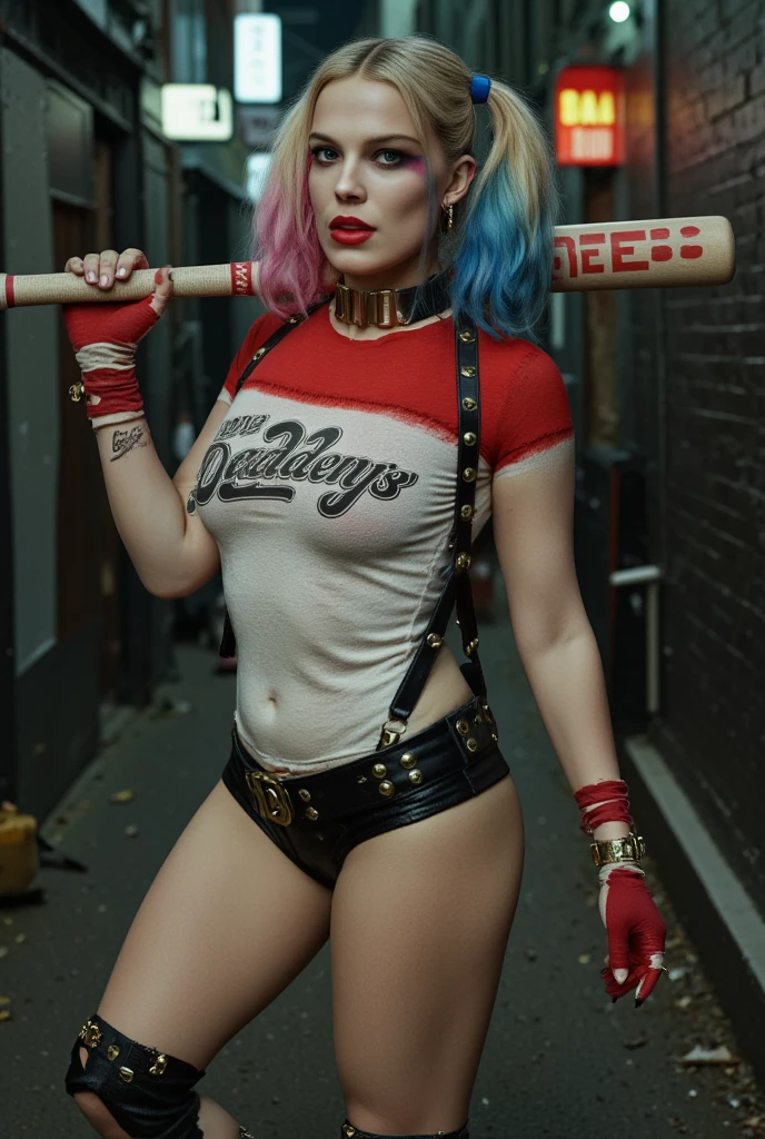 masterpiece, (photorealistic), (8k wallpaper) , (best quality), perfect quality, solo, (detailed eyes:0.9), girl, very beautiful, small smile, young, face : ( harley quinn, make up, very beautiful face, small smile, beautiful, plump face, plump cheeks, cute face, young, big eyes, round face ) , figure: ( very full body, big breasts, very full figure, very thicc, very thick, very chubby, very chubby belly, very soft, very curvy, love handles, sexy curves, sexy pose, sexy, muffin top, very thick thighs, thunder thighs) , clothes : (tight black miniskirt, tight shirt, fishnet)