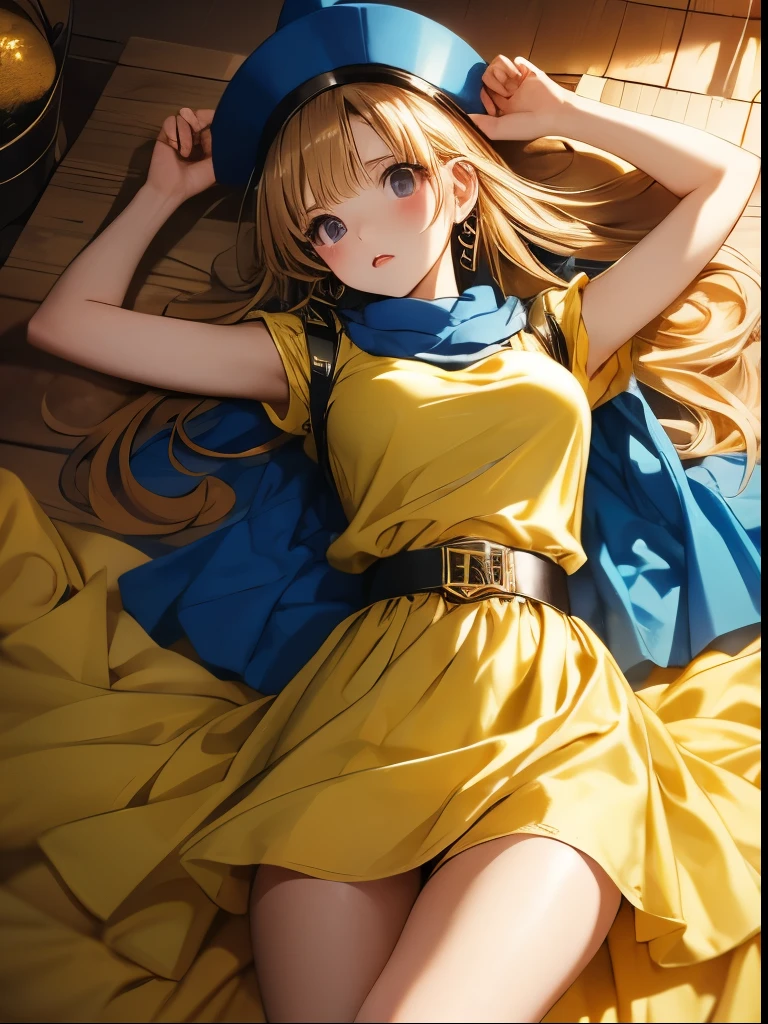 (((SFW、Accuracy、Highest quality、 A first-class masterpiece 、 Normal body 、8k、 detailed color 、 super precision 、 Normal Hands 、5See also、Highest)))、" Dragon Quest IV"、 Arena、arena、 Blonde、 STRAIGHT LONG HAIR、 short、 slender、 Ripped Yellow Dress 、 Ripped Yellow Mini Skirt、 Torn Blue Cloak 、 Tattered Blue Pointy Hat 、Broken Black Belt 、Fighting Girl、pinch、Anxious face、blush、cornered、 pushed down on her back 、Lying down、 raised her hands and held them down、rolled up howing off、 White Sexy Panties、forest