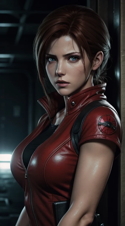 claire redfield, sexy pose, 3 size breasts, blue shorts, tight t-shirt, red jacket, military belts and straps, realistic skin, ulltra realistic art, feminine body,