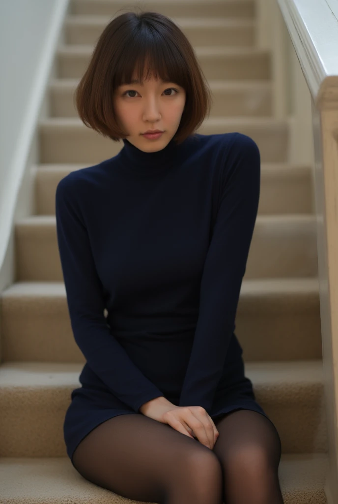 Tabletop, Highest quality, (1 Female), Super detailed, In detail, High resolution, 8K quality, Perfect dynamic composition, Beautiful attention to detail, Natural Lip, Dark blue knit dress, Very short hair, Abstract background, Embarrassment