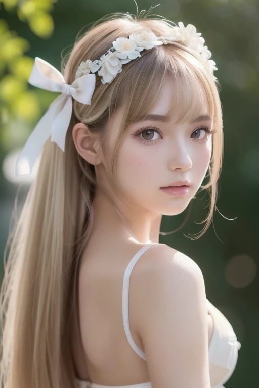 (8k, 4K, best quality , high resolution: 1.2), ( Master Stick , realistic, photorealistic : 1.4), 1 girl, Alone, beautiful faces, eyelash , nose, glossy lips, ( beautiful eyes, beholder, white skin, white skin: 1.5), clean skin, upper body,, big, big, ( nudes: 1.5),, Open-air Bath ,, Ridiculously Long Hair , Blonde, pink hair , bangs, hair ornament, bow, Eat with both sides facing up,, young, dark blue school swimsuit