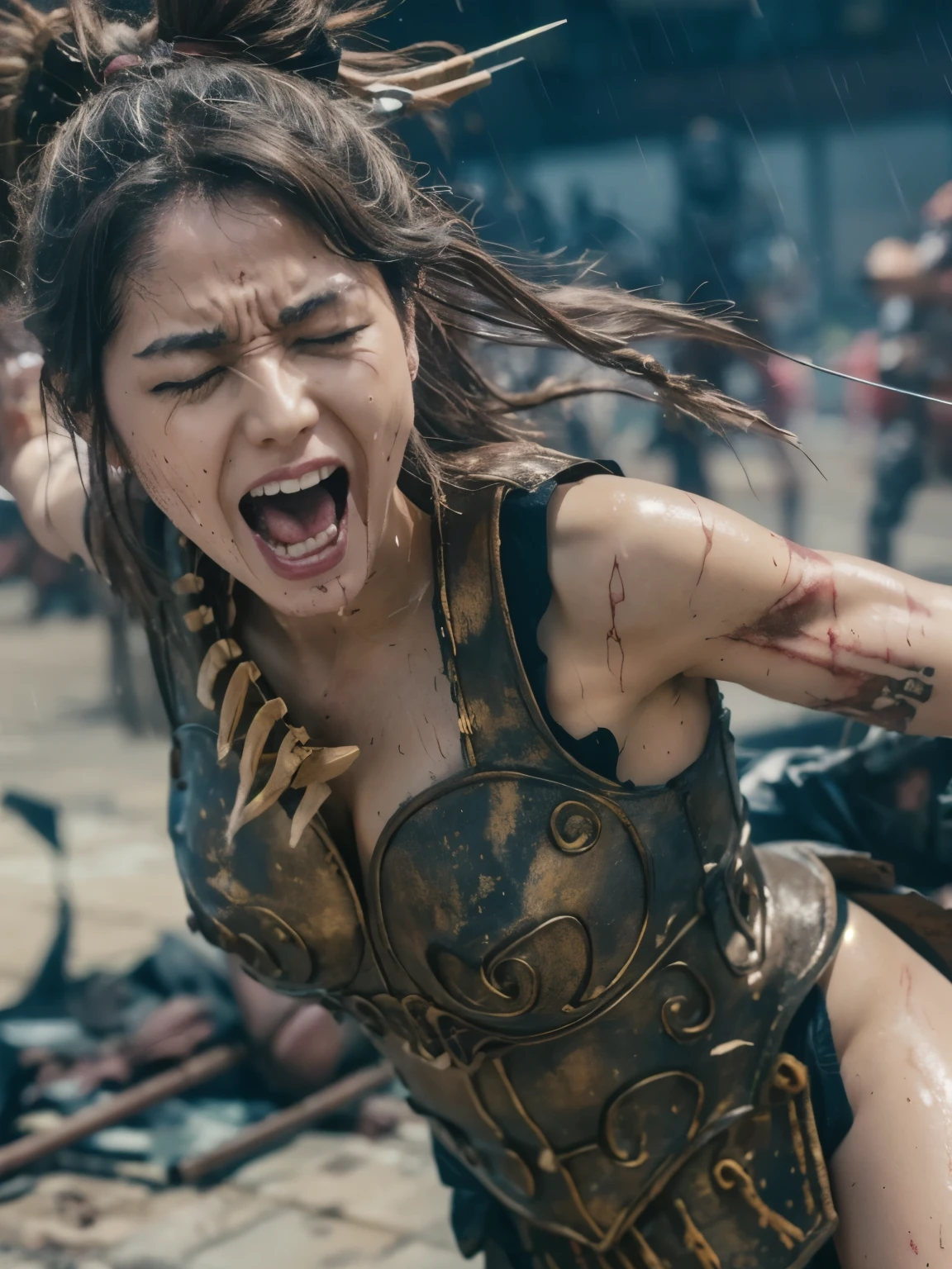 The bow and arrow are piercing her body, Screaming in pain, eyes closed, masterpiece, HD, scratch, tattered, scratchだらけ, mud, stains, wet, raining heavily, clothes are torn and breasts and nipples are visible, torn clothes, panties , bruises,