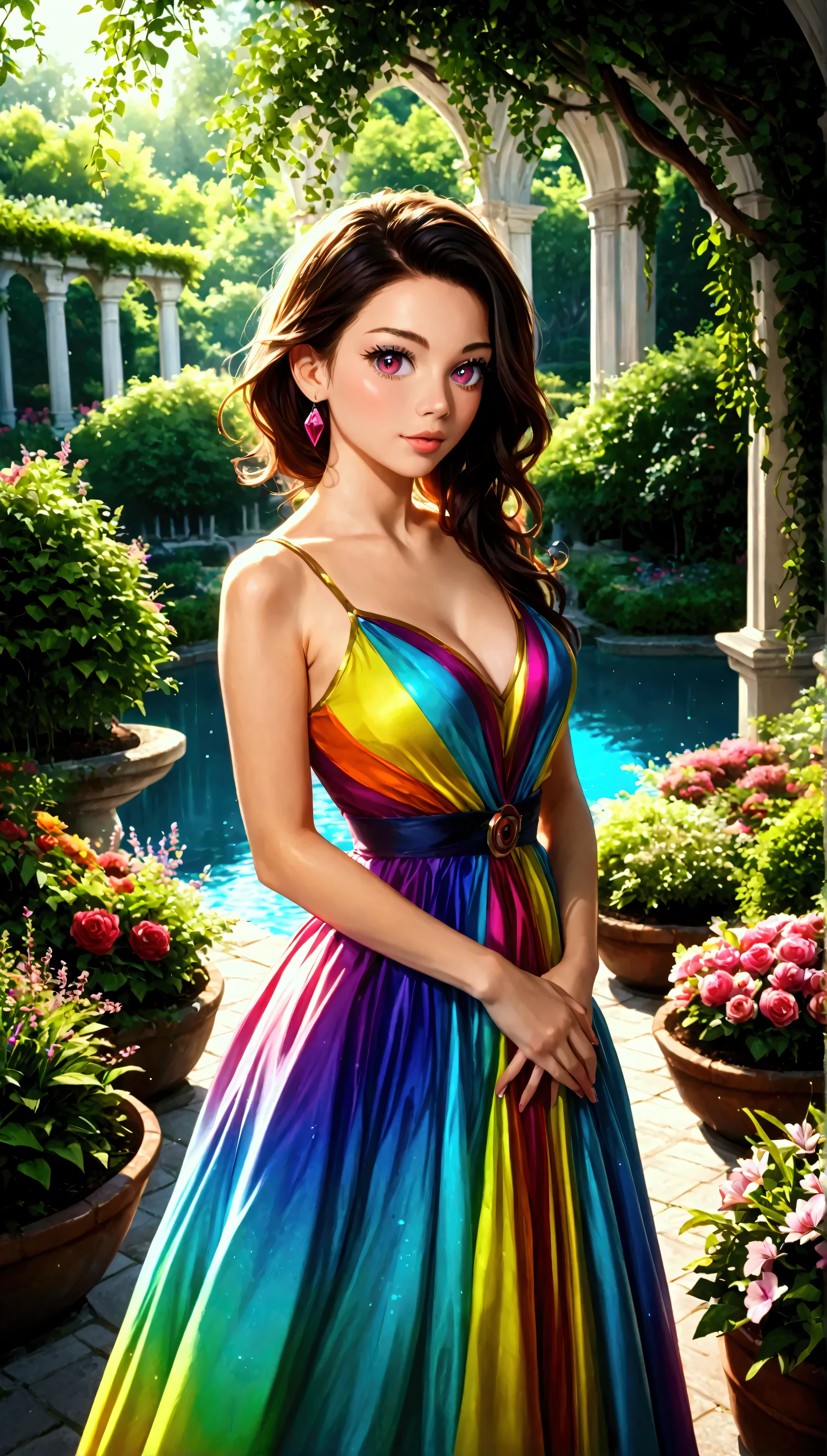a cute cartoon girl, beautiful detailed eyes, beautiful detailed lips, extremely detailed face and features, long eyelashes, big expressive eyes, colorful dress, outdoor garden scenery, lush greenery, vibrant colors, intricate details, high quality, 8K, photorealistic, digital painting, vibrant colors, warm lighting, cinematic composition