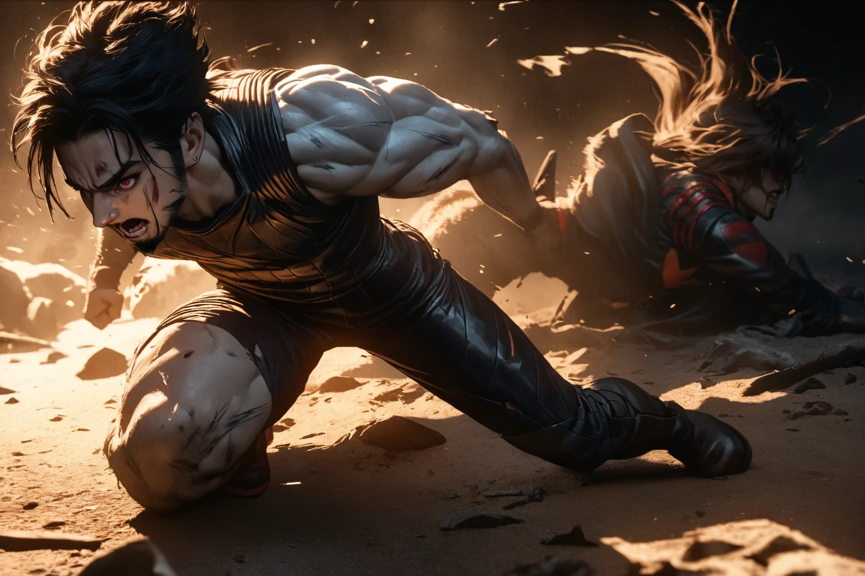 a realistic character man with a purple caterpillar coiled around his neck, wearing a black t-shirt, black hair, there are several monsters flying around him