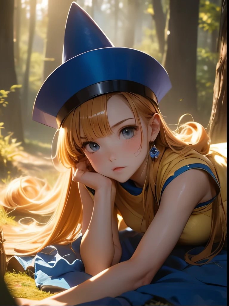 （（（ＳＦＷ、Accuracy、Highest quality、 A first-class masterpiece 、 Normal body 、8k、   detailed color 、 super precision 、   Normal Hands 、５See also、Highest）））、" Dragon Quest IV"、 Arena、arena、 Blonde、 STRAIGHT LONG HAIR、  short、 slender、A yellow dress with a torn chest and exposed skin、 yellow mini skirt with torn underwear visible、 Torn Blue Cloak 、 Tattered Blue Pointy Hat 、Fighting Girl、pinch、Anxious face、blush、cornered、 on all fours、rolled up howing off、 white sexy panties、forest