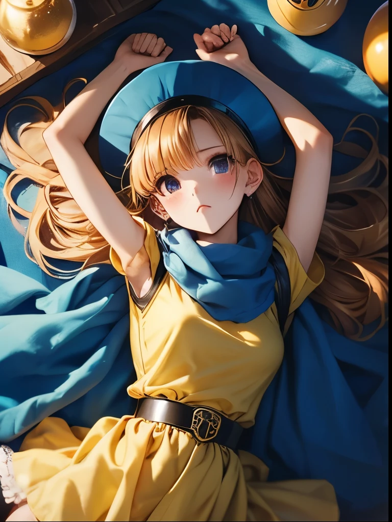 （（（ＳＦＷ、Accuracy、Highest quality、 A first-class masterpiece 、 Normal body 、8k、   detailed color 、 super precision 、   Normal Hands 、５See also、Highest）））、" Dragon Quest IV"、 Arena、arena、 Blonde、 STRAIGHT LONG HAIR、  short、 slender、defeat、The Fall of Slaves、A yellow dress with a torn chest and exposed skin、 yellow mini skirt with torn underwear visible、 Torn Blue Cloak 、 Tattered Blue Pointy Hat 、Fighting Girl、pinch、Anxious face、blush、cornered、I was pushed down on my back、Lying down、 raised her hands and held them down、rolled up howing off、 white sexy panties、forest