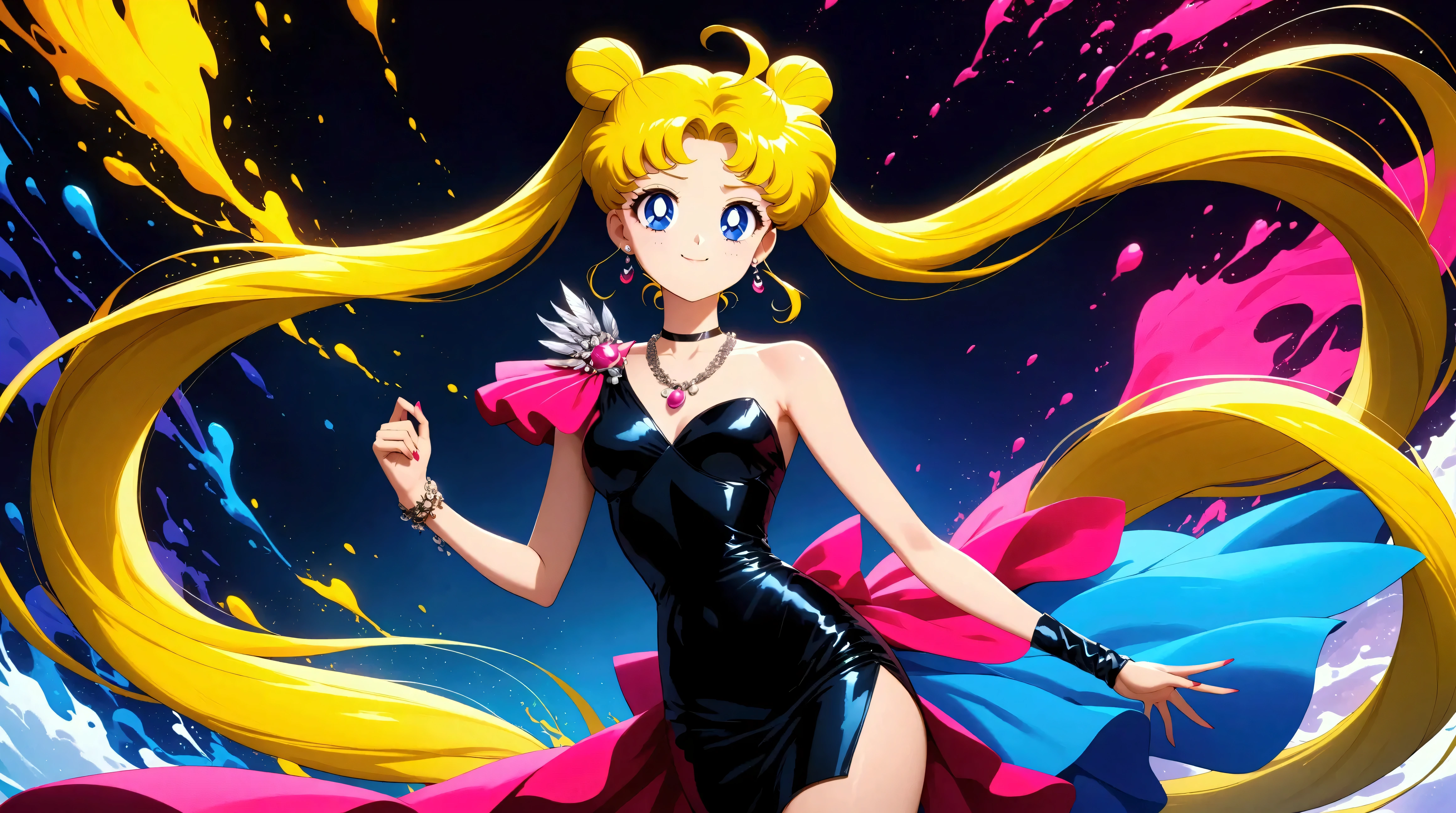 (masterpiece, best quality, very aesthetic, ultra detailed), intriguing details , 4K, one girl aausagi, long hair, double bun, twintails, parted bangs, earrings, blue eyes, smug, cowboy shot, small breasts, (((dramatic)), ((intense))) photo featuring a age girl with ahoge and as the central character. She stands confidently in the center of the poster, wearing a Strappy One Shoulder Bodycon Midi Dress, a necklace with three crystals and gothic accessories, with a happy expression on her face. The background is dark and gritty, with a sense of danger and intensity. The color palette is mainly dark with splashes of vibrant colors, giving the poster a dynamic and visually striking appearance, tachi-e, (cover-style:1.3), fashionable, woman, vibrant, outfit, posing, front, colorful, dynamic, background, elements, confident, expression, (aesthetic body), anime, (ultra sharp, textured skin, beautiful detailed face, dynamic lighting, dynamic shadow, Super Detailed)
