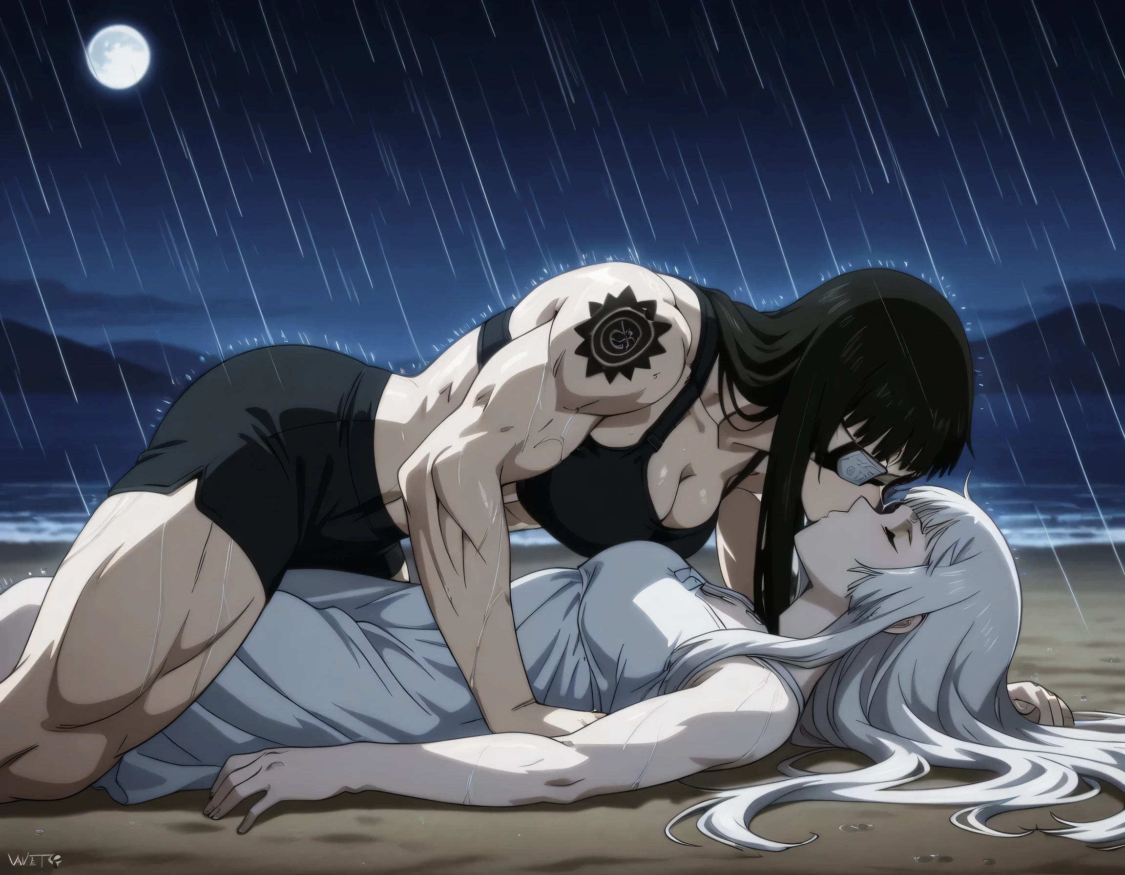 2girl,solo,mm,mature female,black hair,eyepatch,brown eyes,medium breasts,anime coloring,long hair,
muscular,black sport bra and black sport shorts,cowboy shot,beach, tattoo,
,masterpiece,best quality,amazing quality,having a penis,Valmet enjoy kissing,muscles detailed,muscles lines,pelvis muscles,Shining muscles,, , white hair long hair girl with valmet ,,lesbians,yuri,romantic yuri,girls love,girl skinny body,girl closed eyes,girl plush face,bodys stuck together,Valmet hands on girl,girl with beautiful Curves,girl hands around Valmet back,girl not having any muscles girl kissing Valmet wets bodys,dynamic sex,,in night,moon,shadows on character's body,girl wearing white dress sleeveless,wets,raining,girl laying her back on ground,Valmet above girl,girl open legs,Valmet her body laying top on girl,sleeping kissing,girl and valmet kissing deep,girl open legs to Valmet waist,girl body small than valmet body,difference body sizes,Valmet taller than girl
