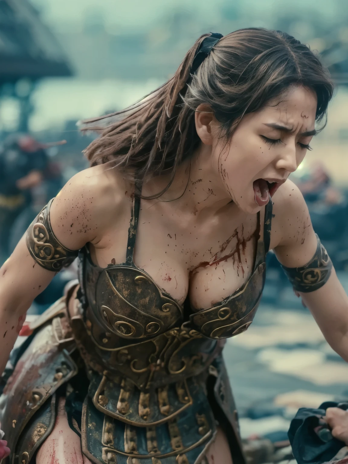 A large bow and arrow is piercing her body, Screaming in pain,  eyes closed, masterpiece,  HD, scratch,  tattered, scratchだらけ, mud,  stains, wet, raining heavily,  clothes are torn and breasts and nipples are visible, torn clothes,  panties , bruises, 