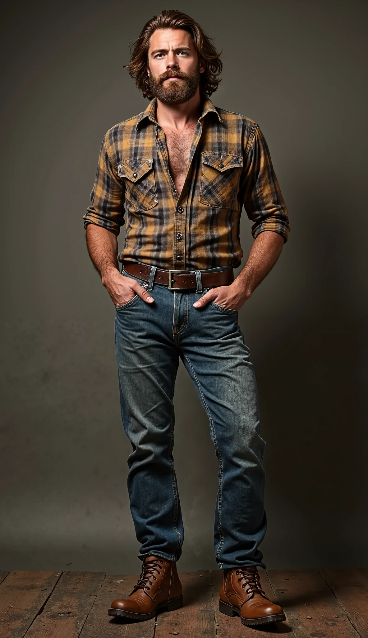 Beautiful man a rodeo cowboy, brown hair with short brown beard, full body in the picture, nice body with chest hair, wearing jeans