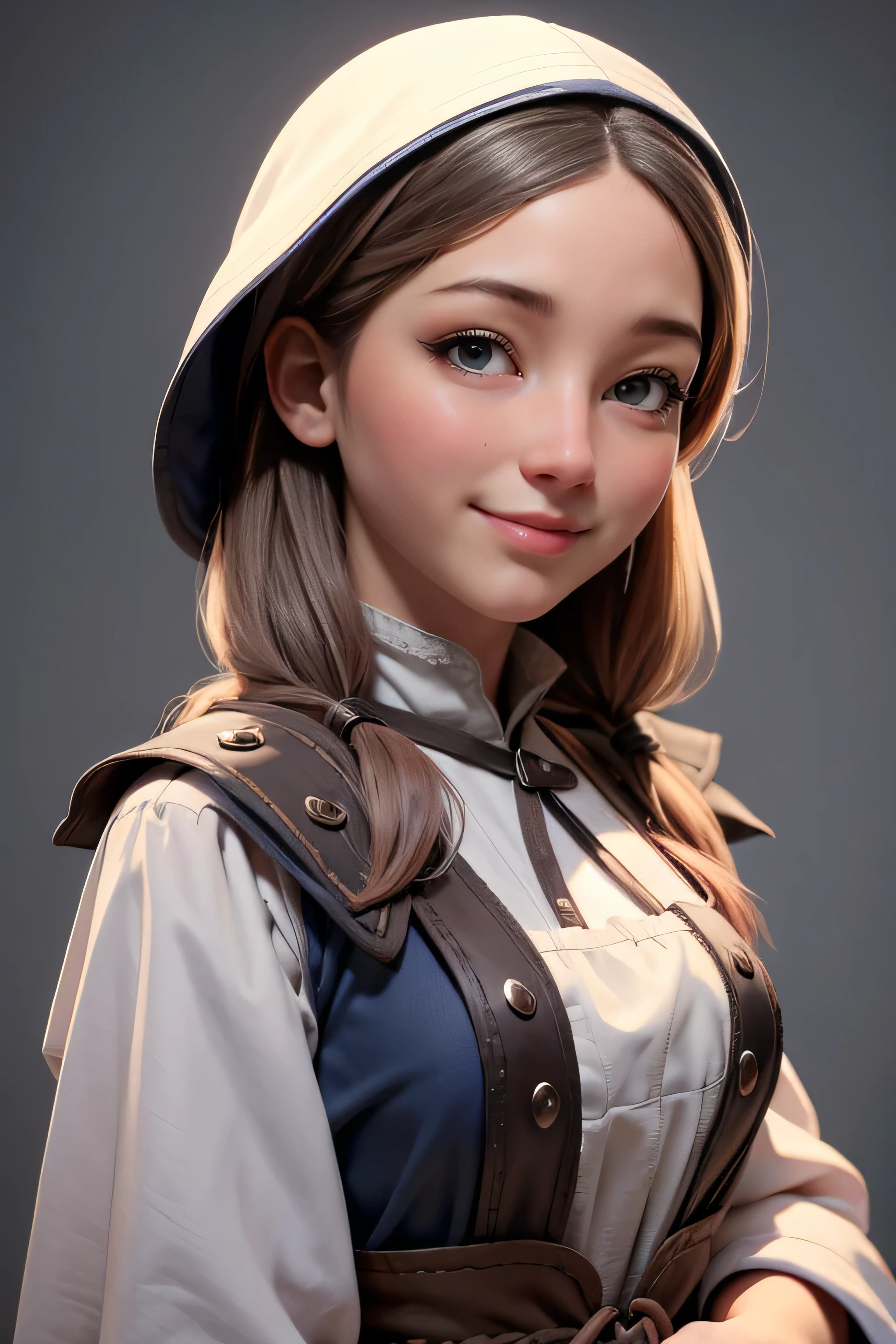 Medieval peasant woman , medieval dress,  gray and brown shreds,  blue eyes , by the ruby,  smiling with seduction,  natural lighting ,  ultra resolution ,  plain white background , without patterns, No textures.