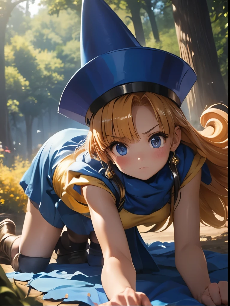 (((SFW、Accuracy、Highest quality、 A first-class masterpiece 、 Normal body 、8k、 detailed color 、 super precision 、 Normal Hands 、5See also、Highest)))、" Dragon Quest IV"、 Arena、arena、 Blonde、 STRAIGHT LONG HAIR、 short、 slender、A yellow dress with a torn chest and exposed skin、 yellow mini skirt with torn underwear visible、 Torn Blue Cloak 、 Tattered Blue Pointy Hat 、Fighting Girl、pinch、Anxious face、blush、cornered、 on all fours、rolled up howing off、white sexy panties、forest