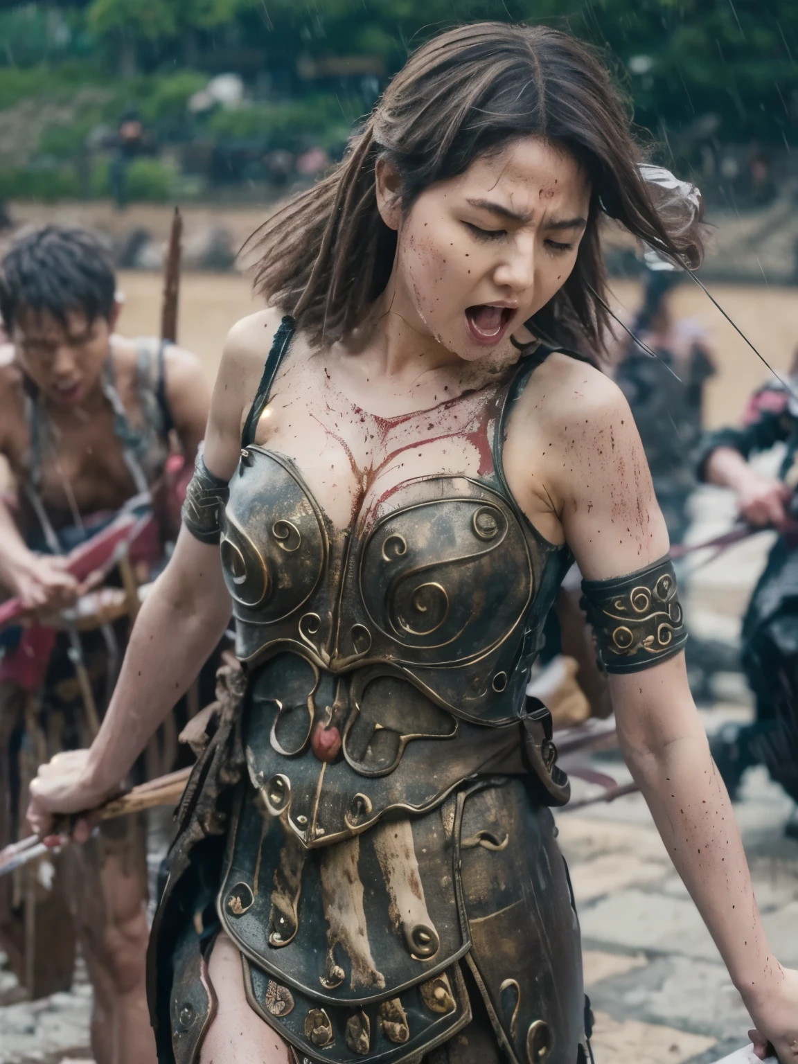 A large bow and arrow sticks to her chest, Screaming in pain, eyes closed, masterpiece, HD, scratch, tattered, scratchだらけ, mud, stains, wet, raining heavily, clothes are torn and breasts and nipples are visible, torn clothes, panties , bruises,