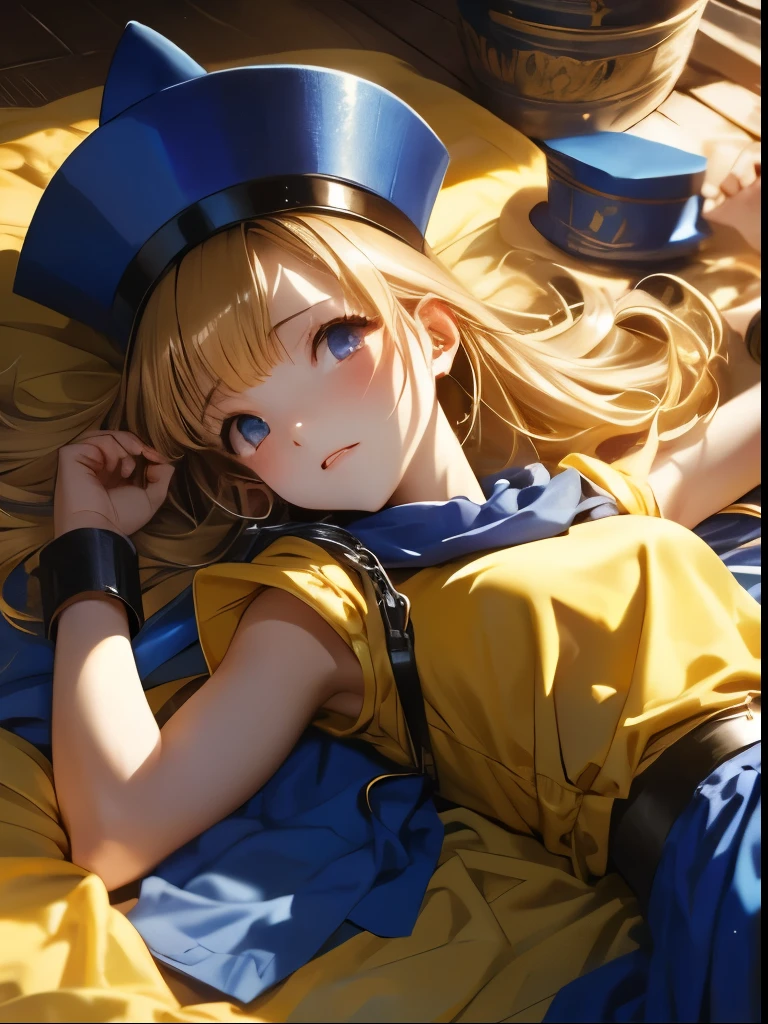 （（（ＳＦＷ、Accuracy、Highest quality、 A first-class masterpiece 、 Normal body 、8k、   detailed color 、 super precision 、   Normal Hands 、５See also、Highest）））、" Dragon Quest IV"、 Arena、arena、 Blonde、 STRAIGHT LONG HAIR、  short、 slender、defeat、The Fall of Slaves、A yellow dress with a torn chest and exposed skin、 yellow mini skirt with torn underwear visible、 Torn Blue Cloak 、 Tattered Blue Pointy Hat 、Chain Home、Chain Handcuffs 、Fighting Girl、pinch、Anxious face、blush、cornered、I was pushed down on my back、Lying down、 raised her hands and held them down、rolled up howing off、 white sexy panties、forest