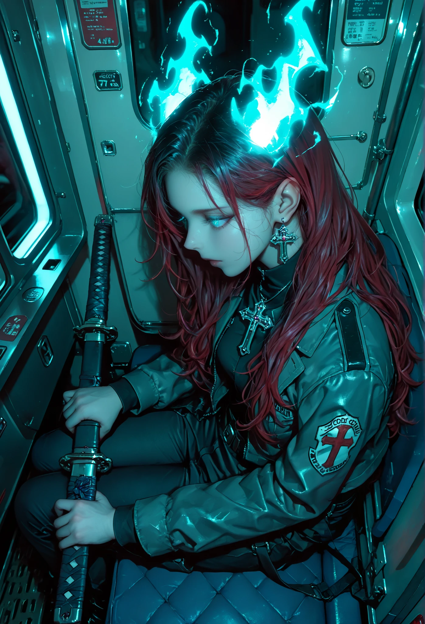 masterpiece, very aesthetic, solo a pre girl, Demon Hunter , Cross pendant , gray and black and red trio colored hair long hair, blue eyes, glowing eyes,Cross-shaped earring, plaido, strong hands, Sitting on a Train at night ,blue katana , medium plane, from above , in the profile ,Katana at her side glowing with black electric aura,sitting alone,dramatic light, dim lighting , very detailed face ,Detailed Katana