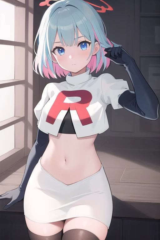 solo, 1girl, looking at viewer, 2D, anime, anime coloring, (simple background, solid white background:1.3),  linze silhoueska, team rocket,team rocket uniform,white skirt,red letter R,crop top,black thigh-highs,black elbow gloves