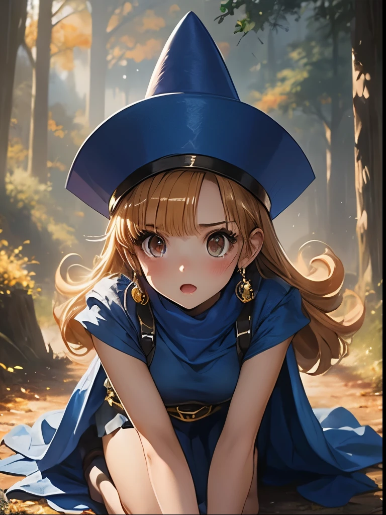 (((SFW、Accuracy、Highest quality、 A first-class masterpiece 、 Normal body 、8k、 detailed color 、 super precision 、 Normal Hands 、5See also、Highest)))、" Dragon Quest IV"、 Arena、arena、 Blonde、 STRAIGHT LONG HAIR、 short、 slender、A yellow dress with a torn chest and exposed skin、 yellow mini skirt with torn underwear visible、 Torn Blue Cloak 、 Tattered Blue Pointy Hat 、Fighting Girl、pinch、Anxious face、blush、cornered、 on all fours、rolled up howing off、 white sexy panties、The Fall of Slaves、Chain Home、forest