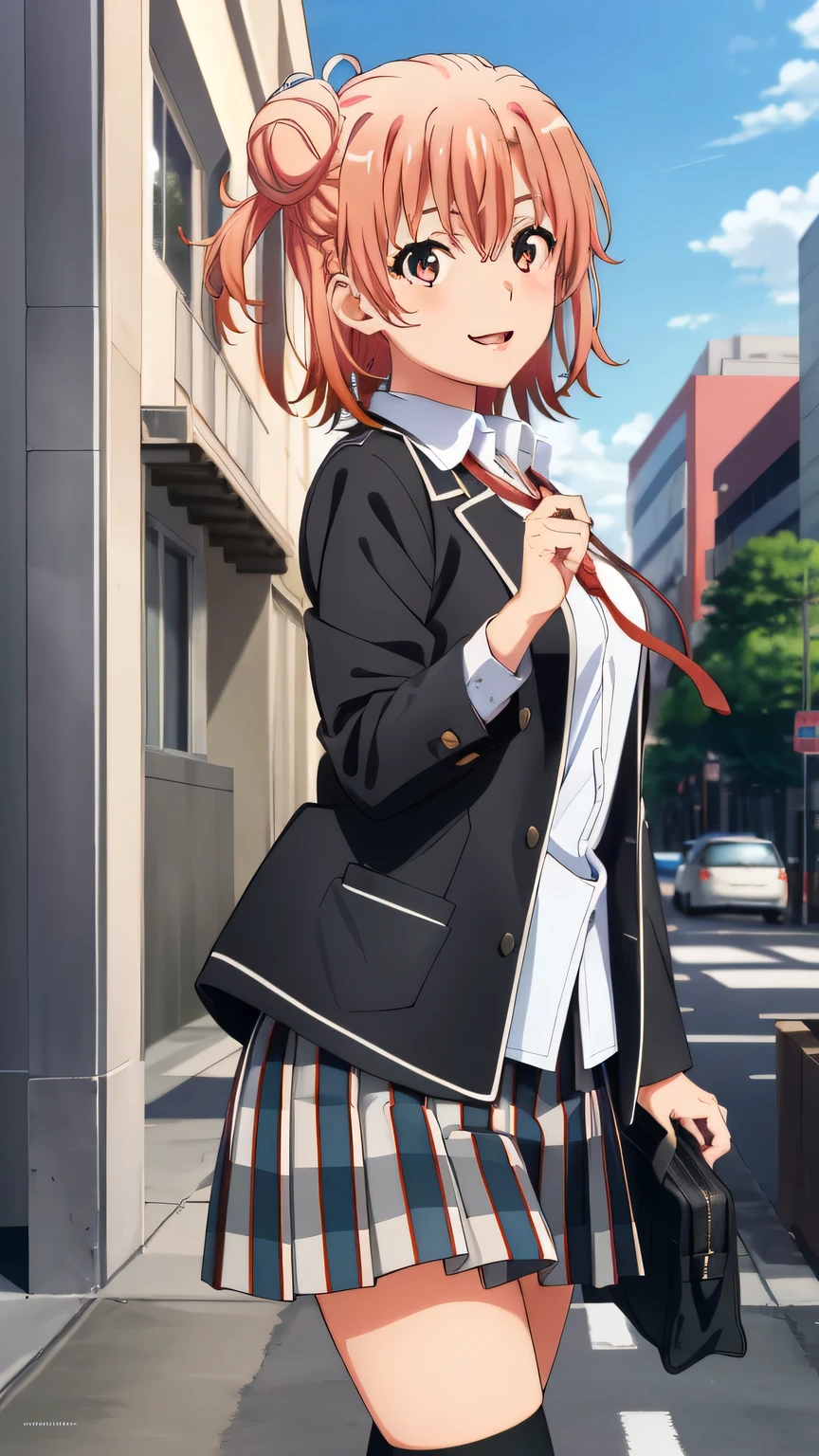 best quality, masterpiece, highres, solo, {yuigahama_yui_yahariorenoseishunlovecomewamachigatteiru:0.90}, 1girl, blazer, sobu_high_school_uniform, open_mouth, pink_eyes, blush