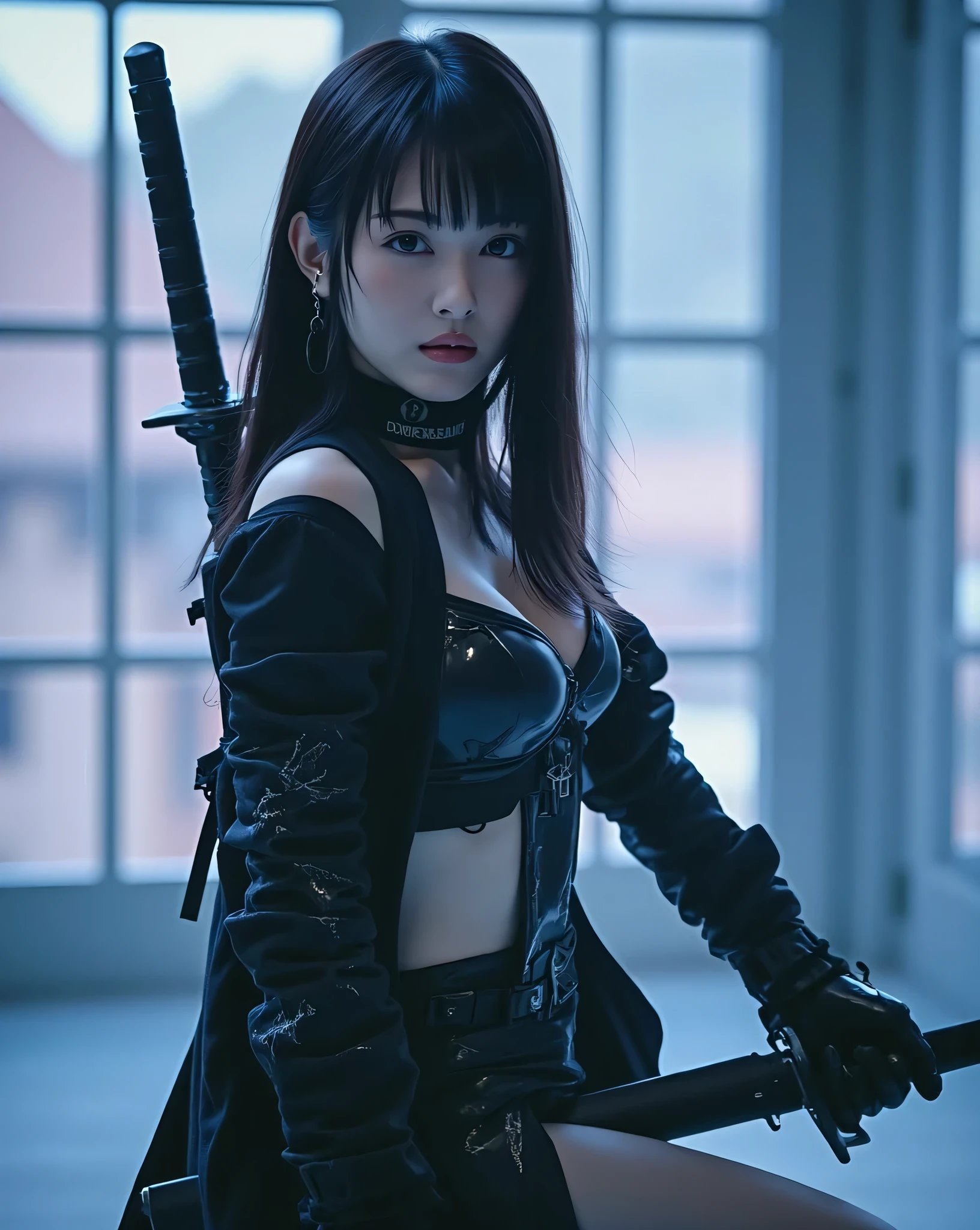 (((The dark interior of the Nostromo ship :2.0))),((( HR Giger style cyberpunk atmosphere:2.0))),(((Hold a cyberpunk-style Japanese sword:2.0))), ,((whole body:2.0)), one woman,( cute face),(Beautiful well-balanced face ),( natural big breasted :1.5),( black hair:1.5),( beautiful eyes:1.3),Glamorous shot of a 20 year old Japanese woman , Slender Beautiful Body ,( model body type:1.3),(Slim body:1.3), perfect body line, Ideal Proportions ,( big breasts:1.5),Bare thighs,Voluptuous thighs, delicate body,( Shrimp),A harmonious posture,(Realistic breast depiction ),(Realistic depiction of areolas), that carefully depicts limbs based on perfect anatomy ,((Wear a samurai kimono-style military coat with an open front over a black super high-leg leotard :1.5)),((Ultra high-leg leotard made of form-fitting camy-like latex:1.5)),(( Samurai Kimono Style Military Coat with Open Front Over Leotard:1.5)),(ear monitor:1.5),((Tactical Holster:1.5)),( gloves:1.3), concept art ,( best quality :1.5),(masterpiece:1.5),(Super high resolution),resolution,UHD,( Delicate Depiction), carefully drawn with butterfly wings ,32K,(( realistic skin texture:1.5)),((( Ultra Realistic:1.5))),Draw eyelashes carefully, very detailed face,Highly detailed female hand,Sexy appearance,Very sensual,(Blurry Dim Backgrounds :1.5), chicken,( movie lights:2.0),((Blade Runner Style Light :2.0))