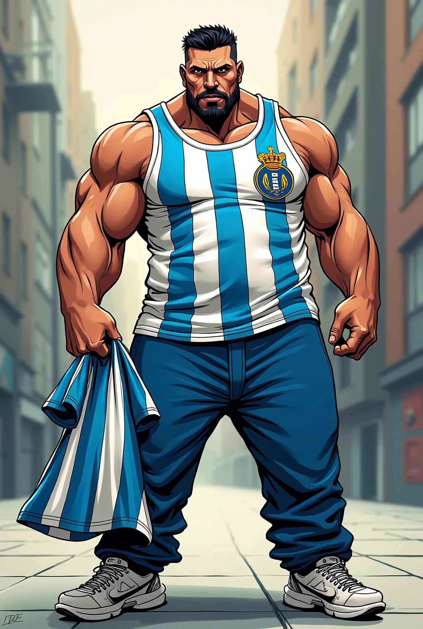 an exaggeratedly muscular and large bald bodyguard, beefy build, beard, mixed race, (wearing striped shirt: 1.2), dogtag necklace, (bara pecs: 1.3), (arm and chest hair: 1.1), close-up portrait HD, grungy prison hallways