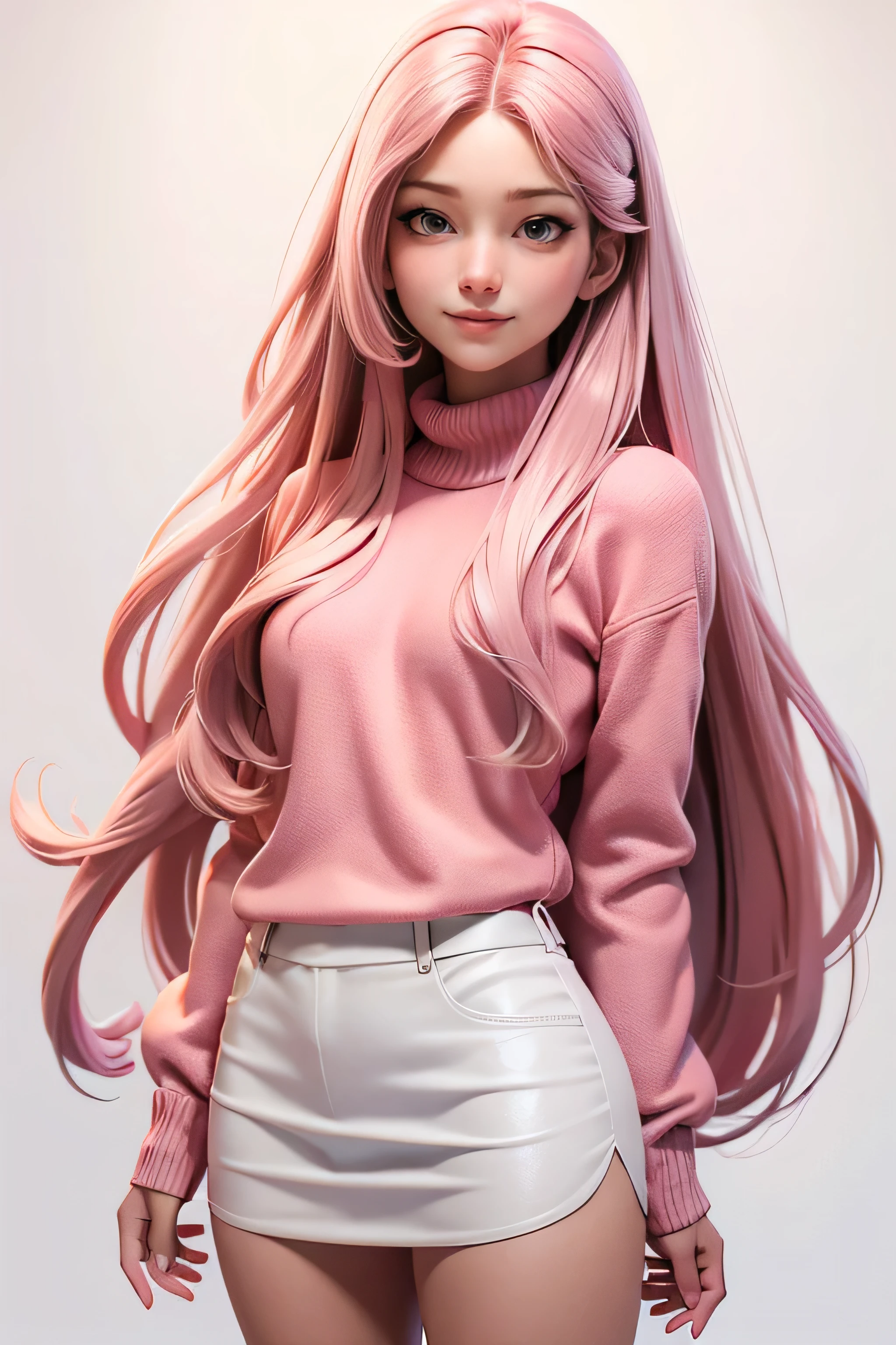 Young 19-year-old woman , long pink hair, brown eyes , red sweater, sexy white miniskirt , shiny lips, smiling with seduction, natural lighting , ultra resolution , plain white background , without patterns, No textures.