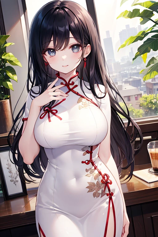 (masterpiece, best quality, photorealistic), woman, solo, perfect slim fit body, large breasts, wavy hair, hair ornaments, big gorgeous eyes, faint smile, parted lips, china dress, scenery in ancient China with neon lights, artistic, vibrant