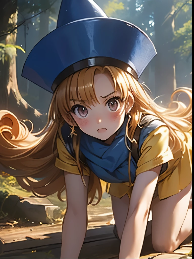 (((SFW、Accuracy、Highest quality、 A first-class masterpiece 、 Normal body 、8k、 detailed color 、 super precision 、 Normal Hands 、5See also、Highest)))、" Dragon Quest IV"、 Arena、arena、 Blonde、 STRAIGHT LONG HAIR、 short、 slender、A yellow dress with a torn chest and exposed skin、 yellow mini skirt with torn underwear visible、 Torn Blue Cloak 、 Tattered Blue Pointy Hat 、 loose clothes 、Half naked、Fighting Girl、pinch、Anxious face、blush、cornered、 on all fours、rolled up howing off、 white sexy panties、The Fall of Slaves、Chain Home、forest