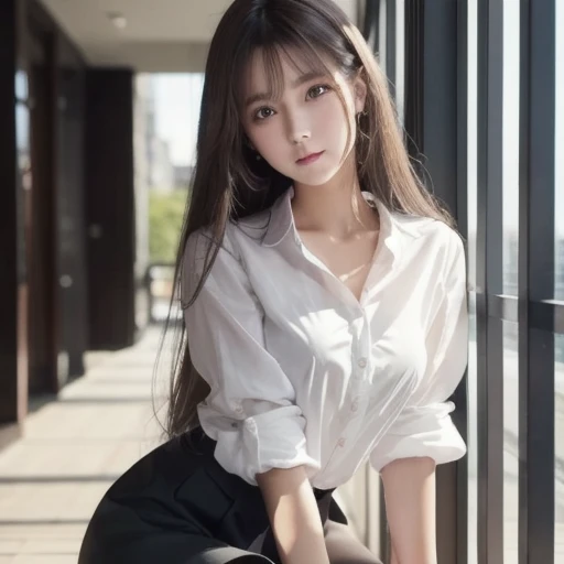 (Black sport socks:1 brunette girl), tmasterpiece, best qualtiy, RAW photogr, realisticlying, the face, Incredibly Ridiculous res, Beautiful Genki beauty, ear studs, (Long silver-black hair),White shirt,(Black sport socks),(canvas shoe+),depth of fields, A high resolution, ultra - detailed, filigree, RAWE is very detailed, very detailed eyes and faces, Sharp pupils, realistic pupil, tack sharp focus, cinmatic lighting,full bodyesbian,Bigboobs,long leges,Look from the front,European Street,dynamicposes
