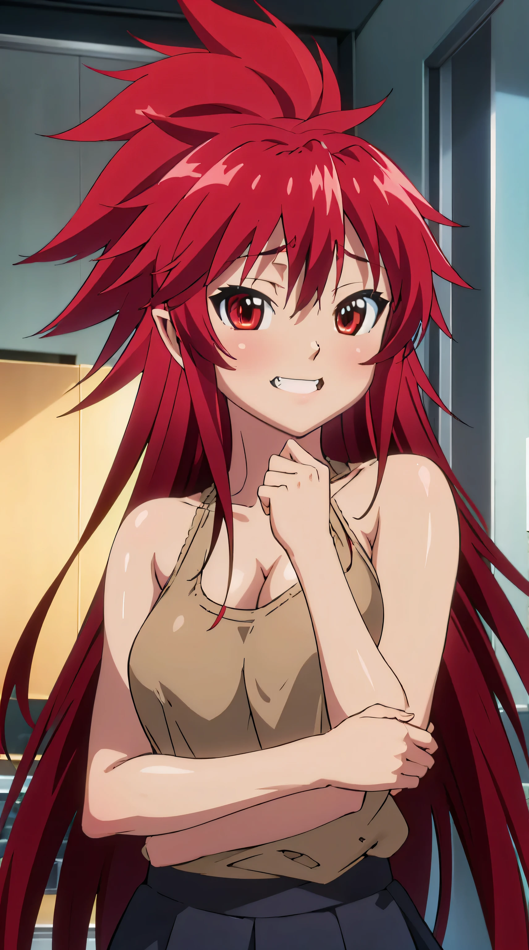nude, 1girl, solo, mari setagaya, human-form, 1girl, solo, long hair, looking at viewer, smile, shirt, red eyes, red hair, fang, forest