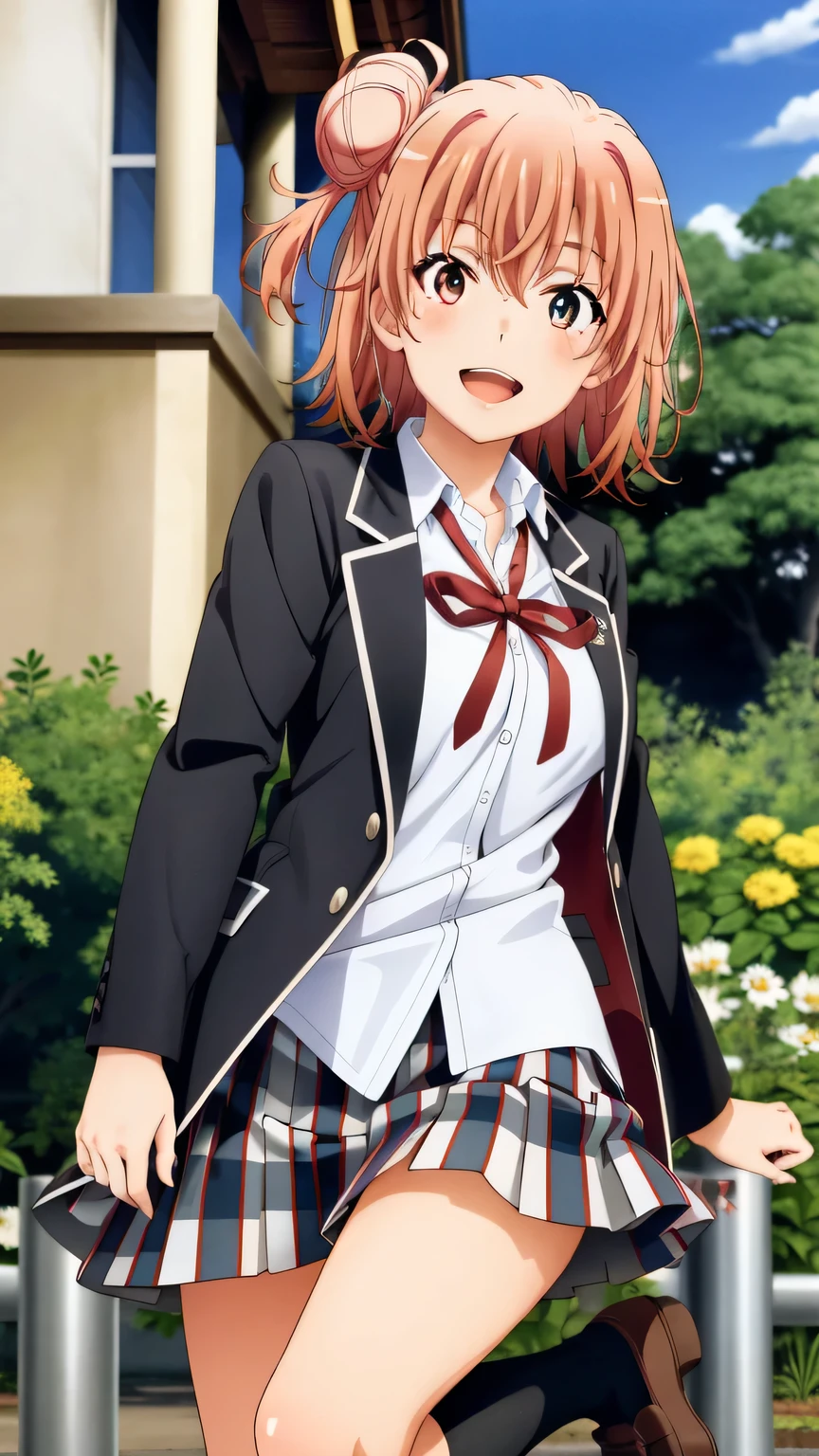 {{{masterpiece}}}, (best quality:1.5), (ultra-detailed:1.5), {illustration}, {{an extremely delicate and beautiful}}, (beautiful detailed eyes:1.6), absurdres, highres, extremely detailed face, 16k, hd, visual anime de uma jovem mulher, extremamente bonito rosto de anime, anime melhor garota, (perfect hands, perfect anatomy), anime face, Yuigahama Yui (Oregairu), aayui, 1girl, solo, cute face, (short hair:1.2), (single side bun:1.5), hair between eyes, pink hair, (big eyes:1.2), (red eyes:1.3), big breasts, big hips, curvaceous, BREAK, {school uniform}, {sobu high school uniform}, black jacket, long sleeve, (open jacket:1.2), white shirt, collared shirt, (shirt tuck out:1.2), red ribbon tie, (plaid skirt:1.2), mini skirt, pleated skirt, kneehighs socks, black socks, BREAK, smiling, looking at viewer, open mouth, flushed cheeks, flash effect, outdoor, mountain, daytime, forest, flower garden, field, sunshine, peer in from below